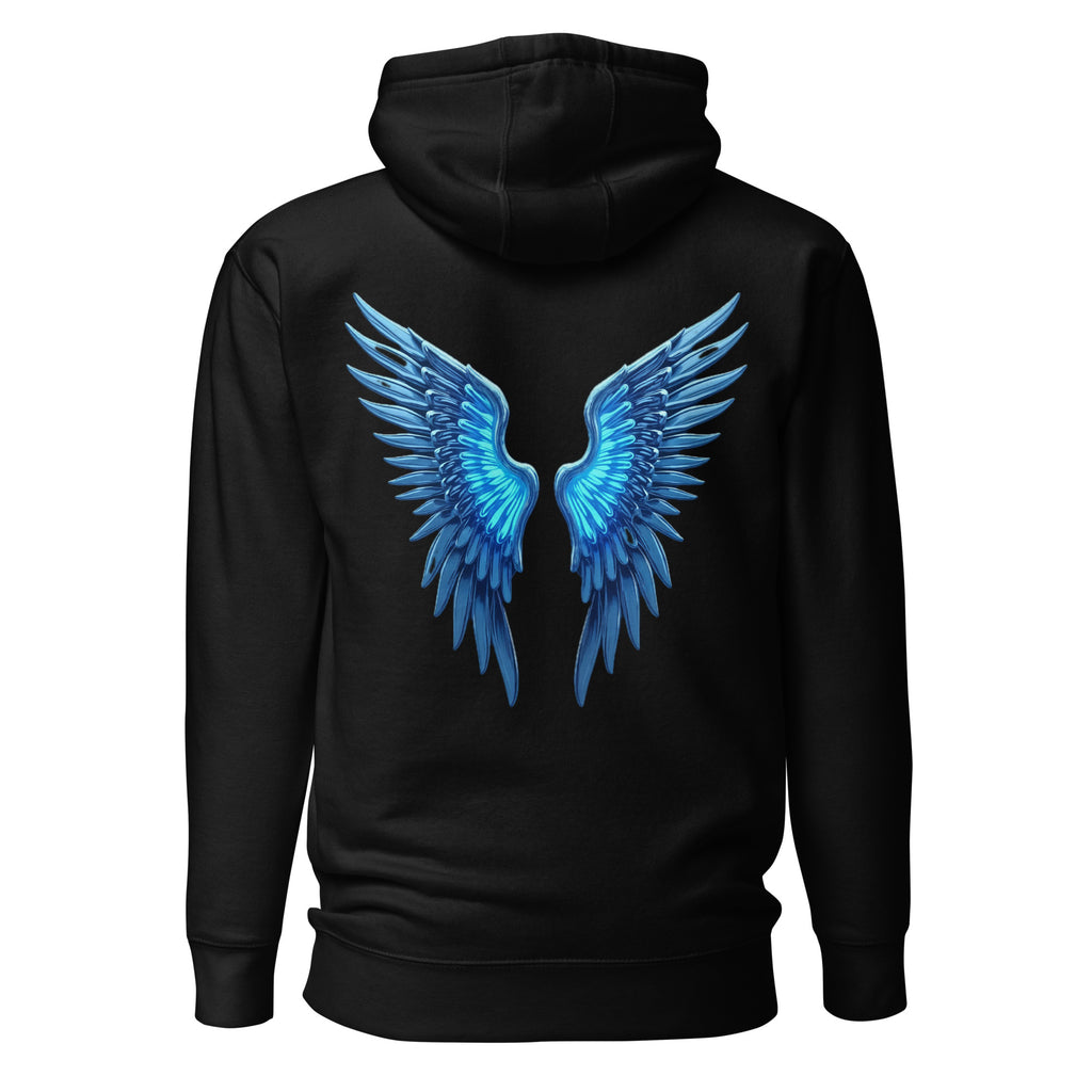 Black Chrome Angel Wings Hoodie with electric blue chrome wing design on the back.