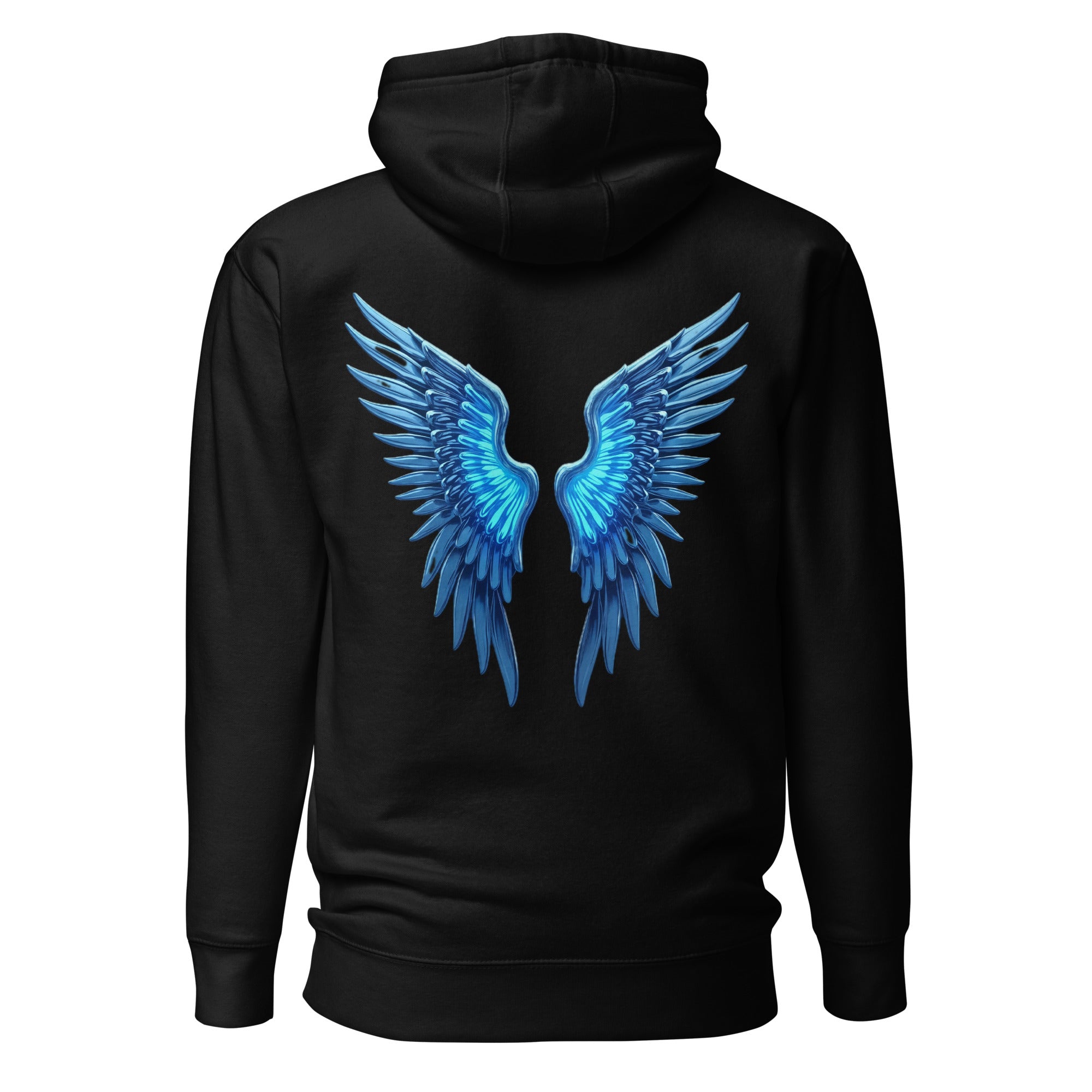 Black Chrome Angel Wings Hoodie with electric blue chrome wing design on the back.