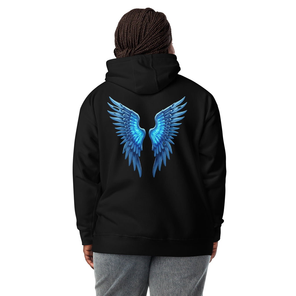 Model wearing the black Chrome Angel Wings Hoodie featuring electric blue chrome wings on the back.