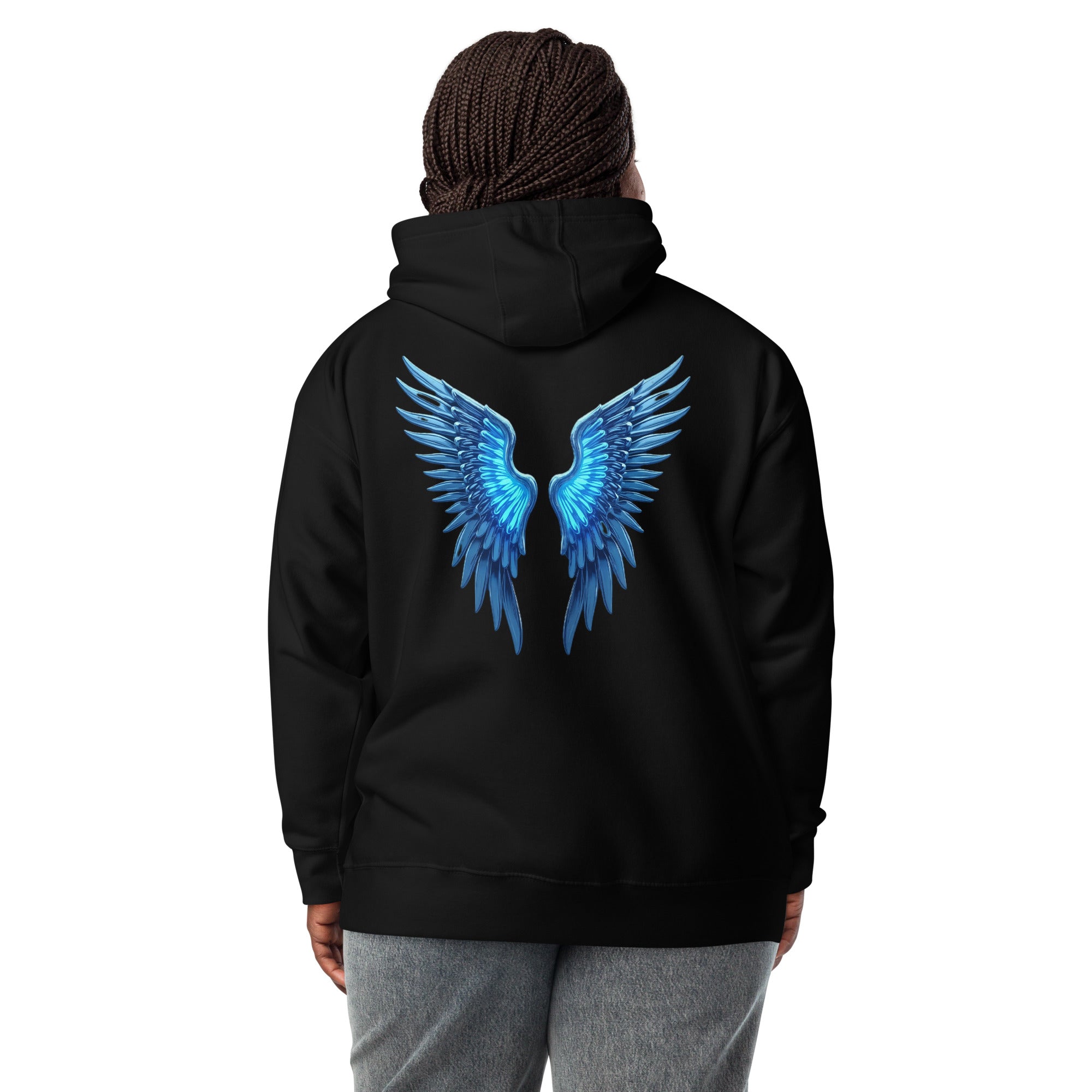 Model wearing the black Chrome Angel Wings Hoodie featuring electric blue chrome wings on the back.