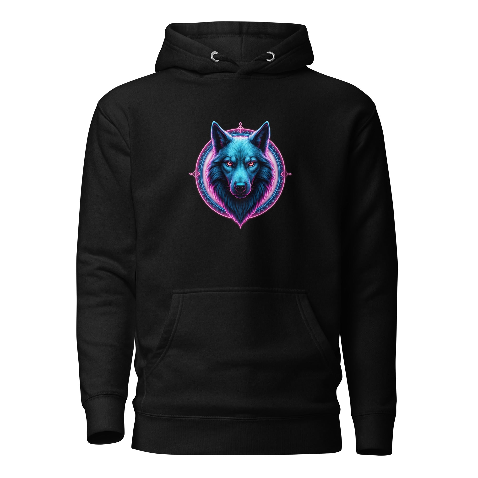Black Neon Alpha Wolf Hoodie featuring neon blue and purple wolf graphic.