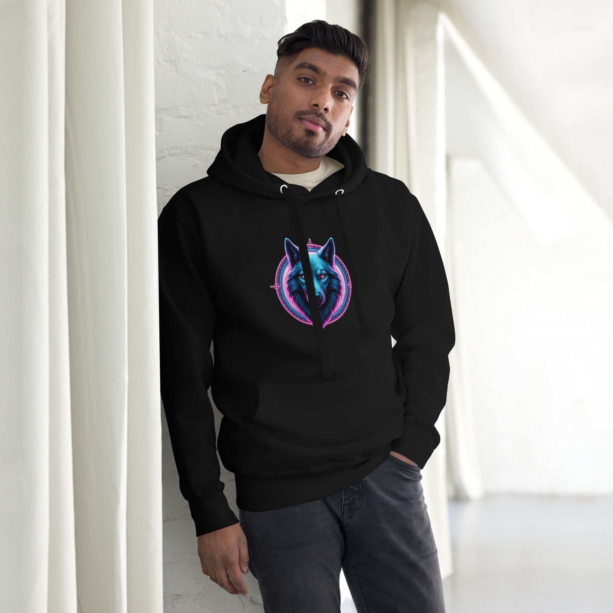 Model wearing the black Neon Alpha Wolf Hoodie with glowing cyber wolf design.