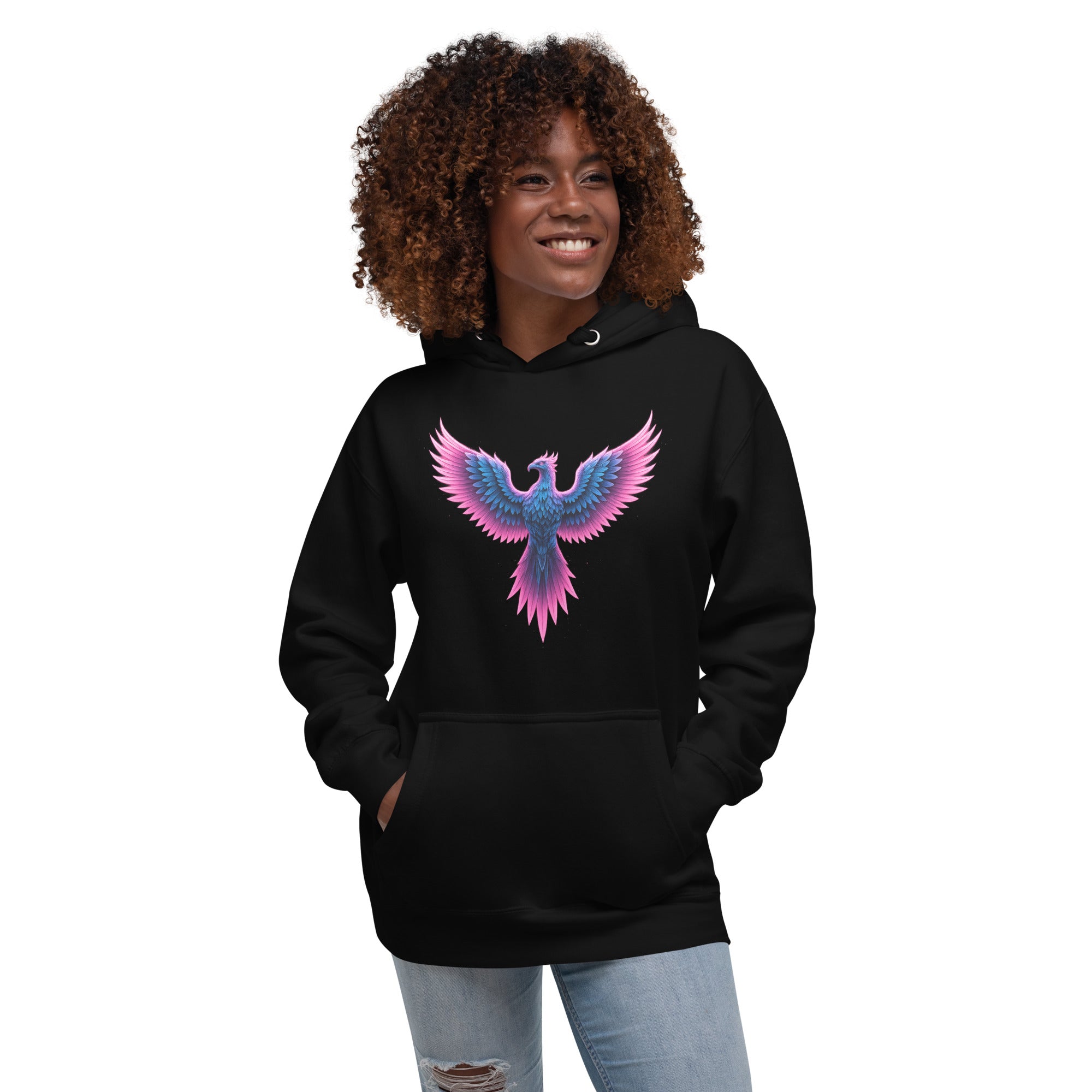Model wearing the black Neon Angel Wings Hoodie with glowing pink and blue wing design.