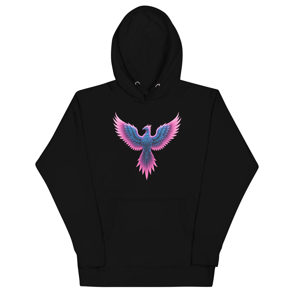 Black Neon Angel Wings Hoodie featuring vibrant pink and blue glowing wing graphic.