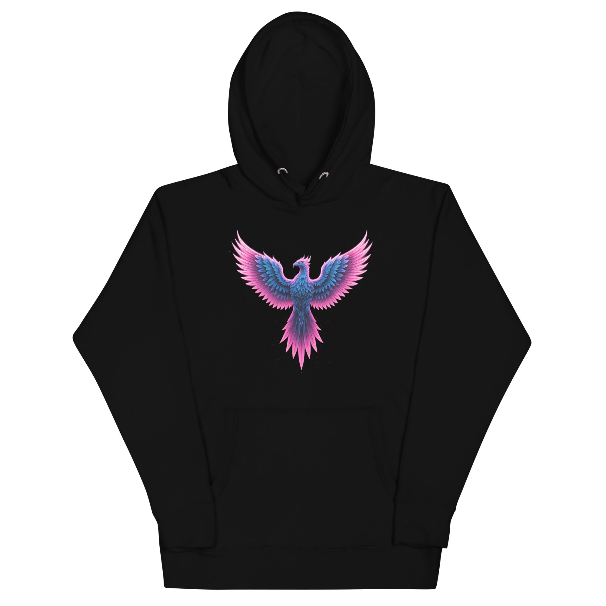 Black Neon Angel Wings Hoodie featuring vibrant pink and blue glowing wing graphic.