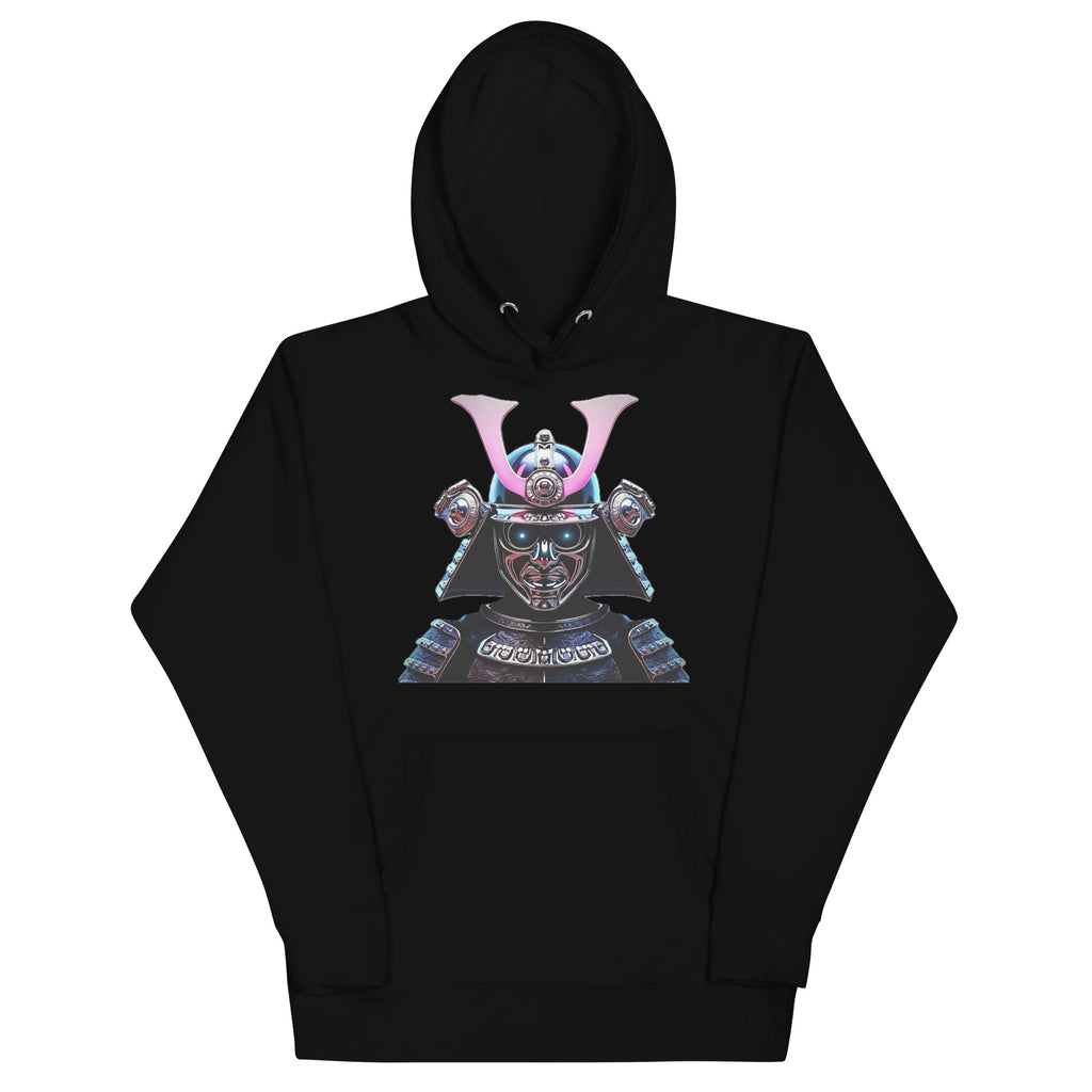 Black Chrome Cyber Samurai Hoodie featuring metallic samurai helmet with neon katana accents.