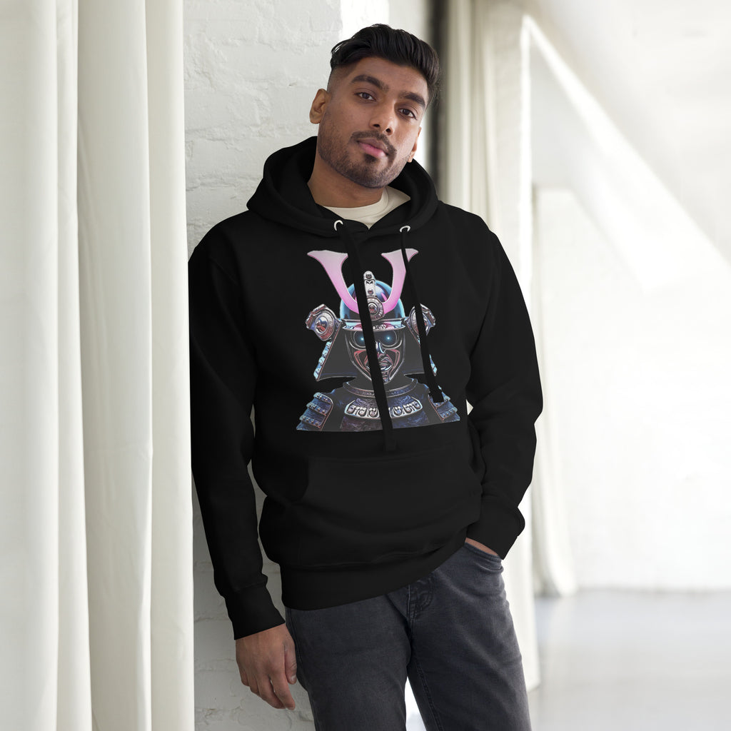 Model wearing the black Chrome Cyber Samurai Hoodie featuring neon katana and chrome samurai helmet design.