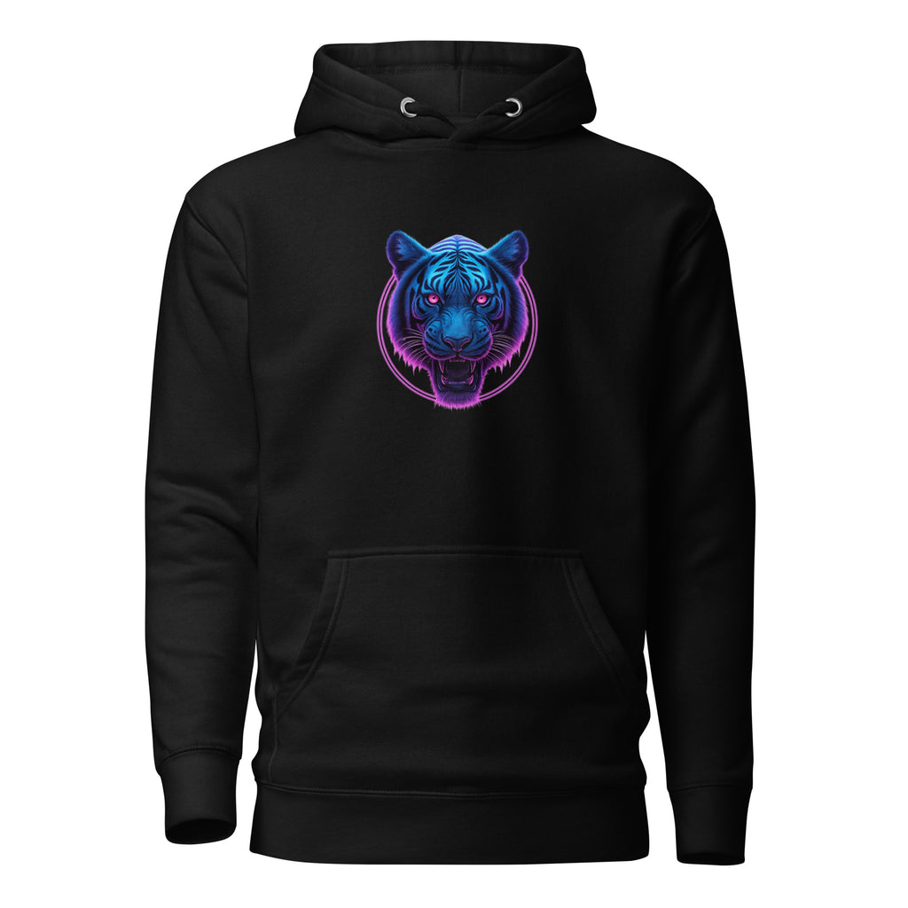 Black Neon Panther Strike Hoodie with neon blue and purple panther graphic on the front.