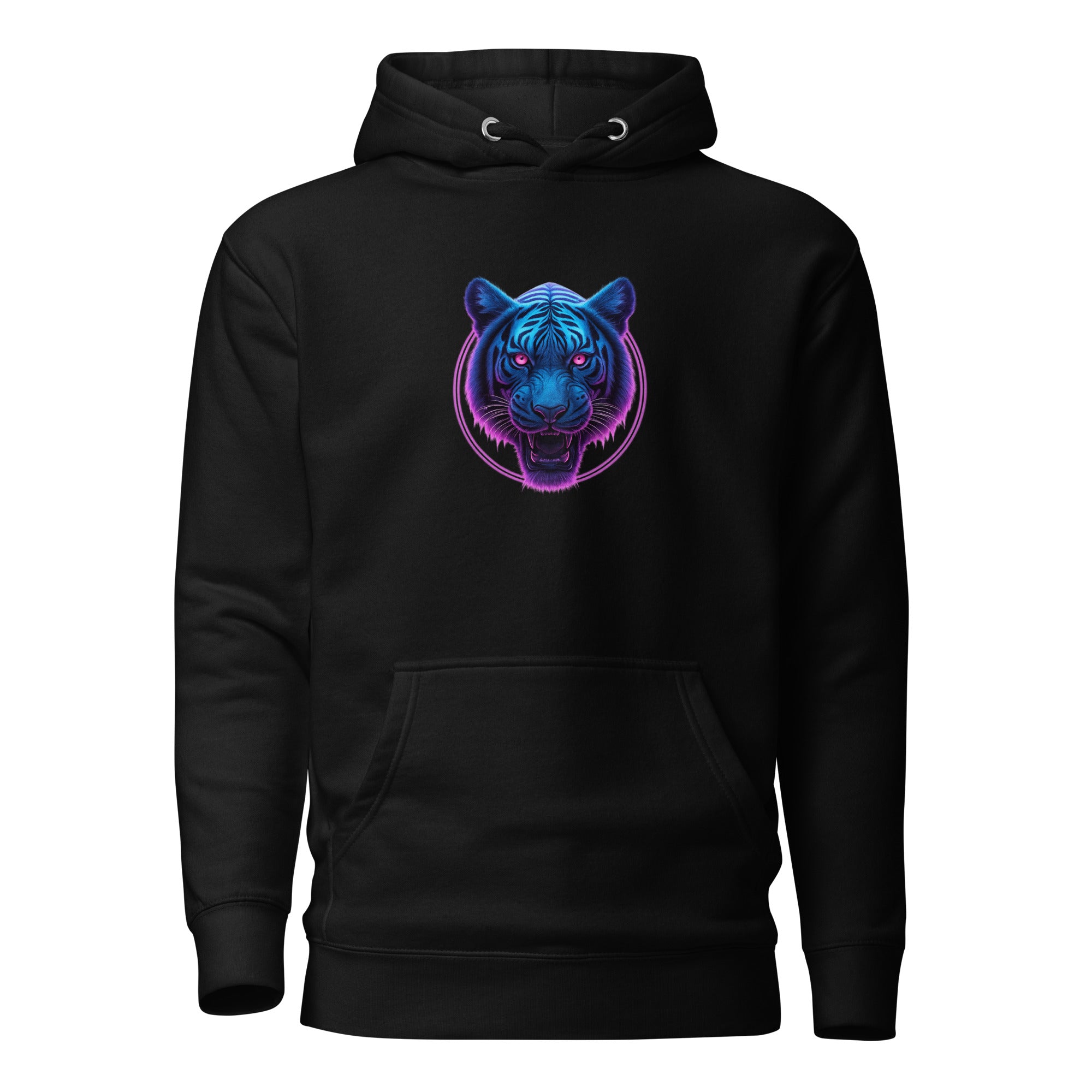 Black Neon Panther Strike Hoodie with neon blue and purple panther graphic on the front.