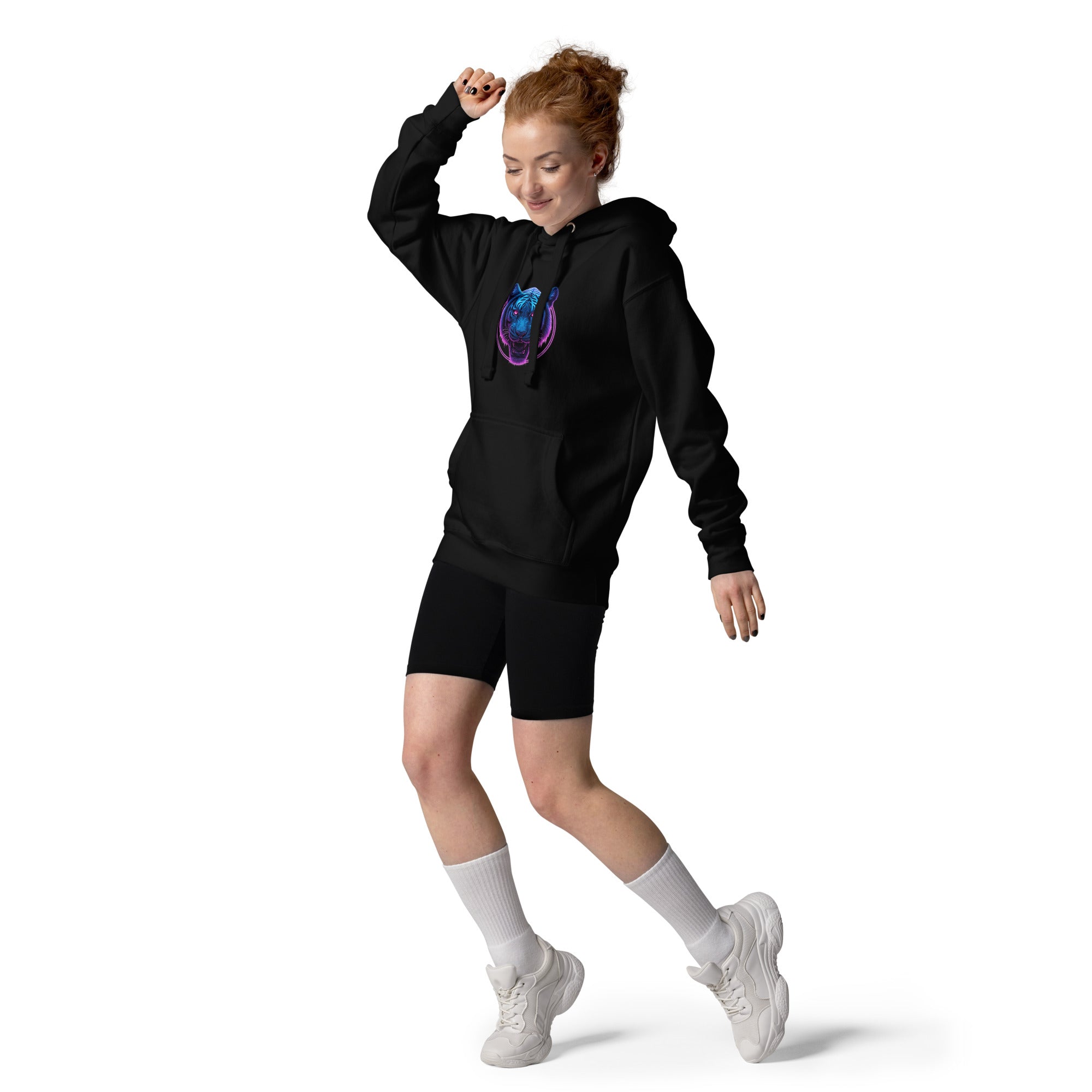 Model wearing the black Neon Panther Strike Hoodie featuring glowing blue and purple panther head design.
