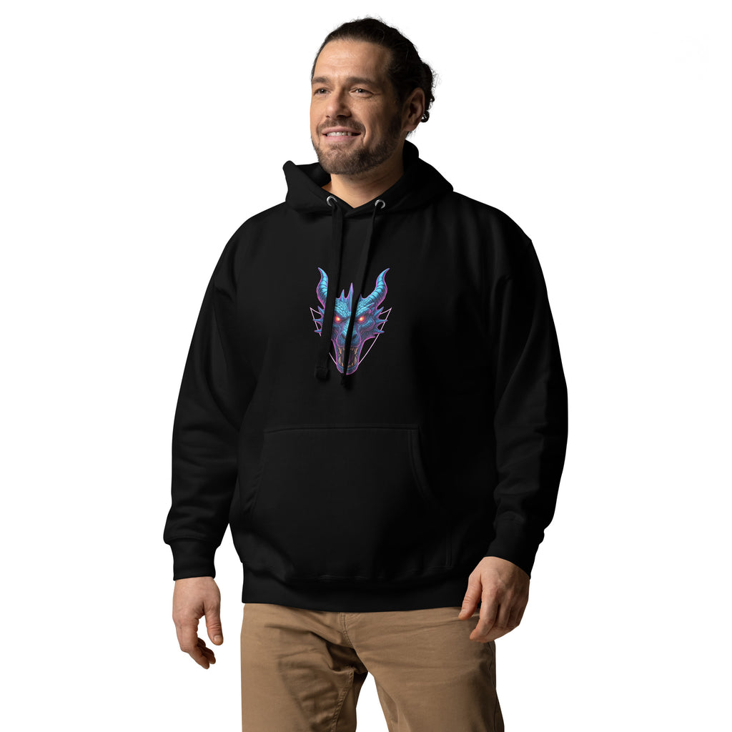 Model wearing the black Neon Dragon Overlord Hoodie featuring glowing blue and purple cyber-dragon emblem.
