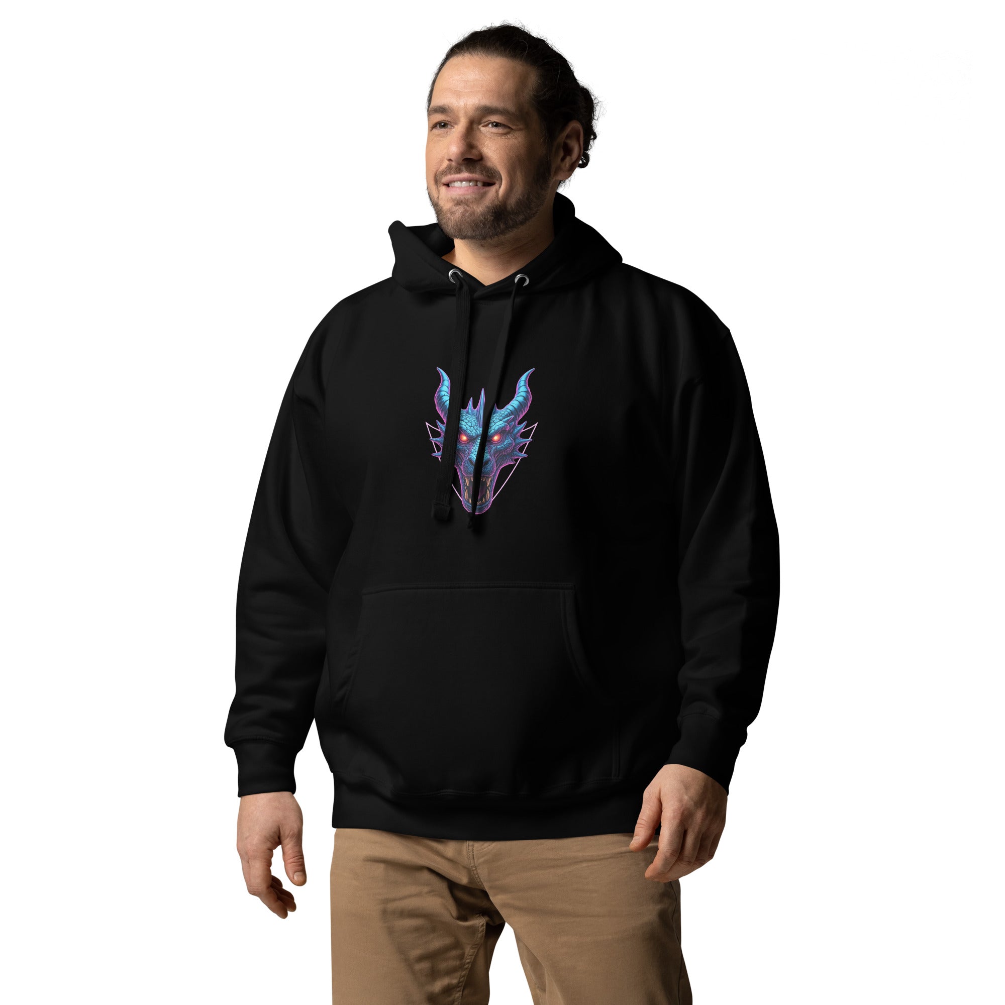 Model wearing the black Neon Dragon Overlord Hoodie featuring glowing blue and purple cyber-dragon emblem.