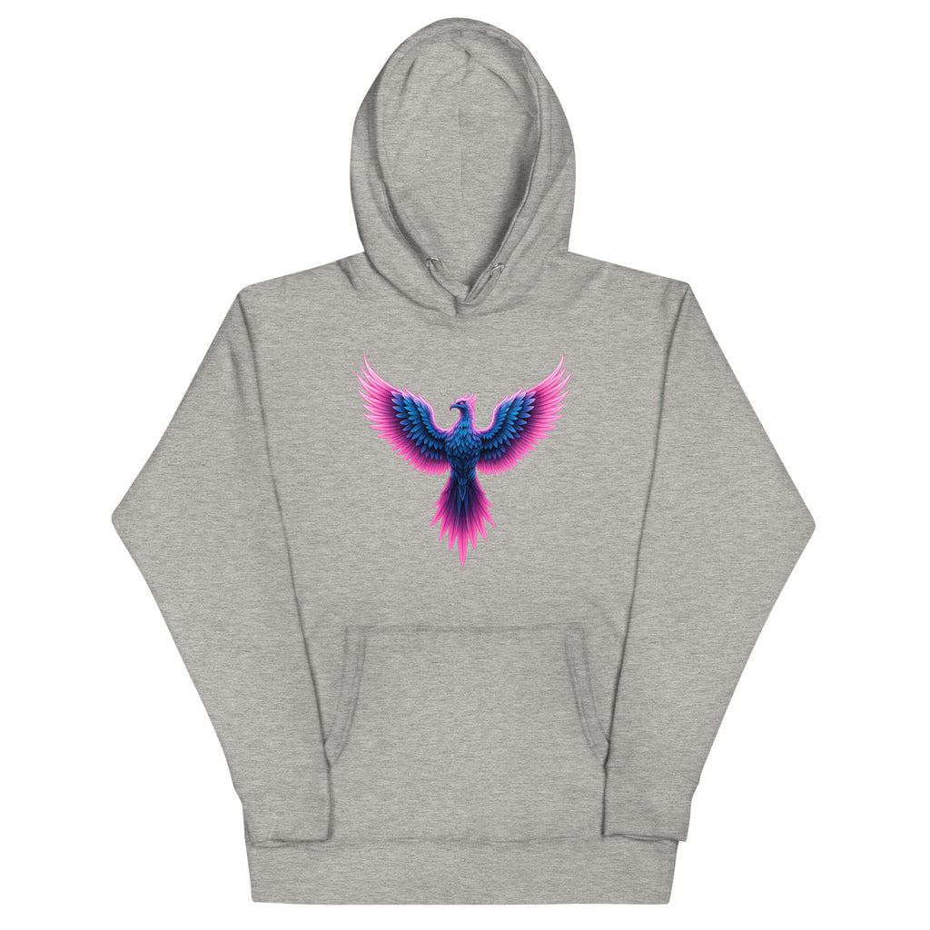 Light gray Neon Angel Wings Hoodie featuring luminous pink and blue wing design.