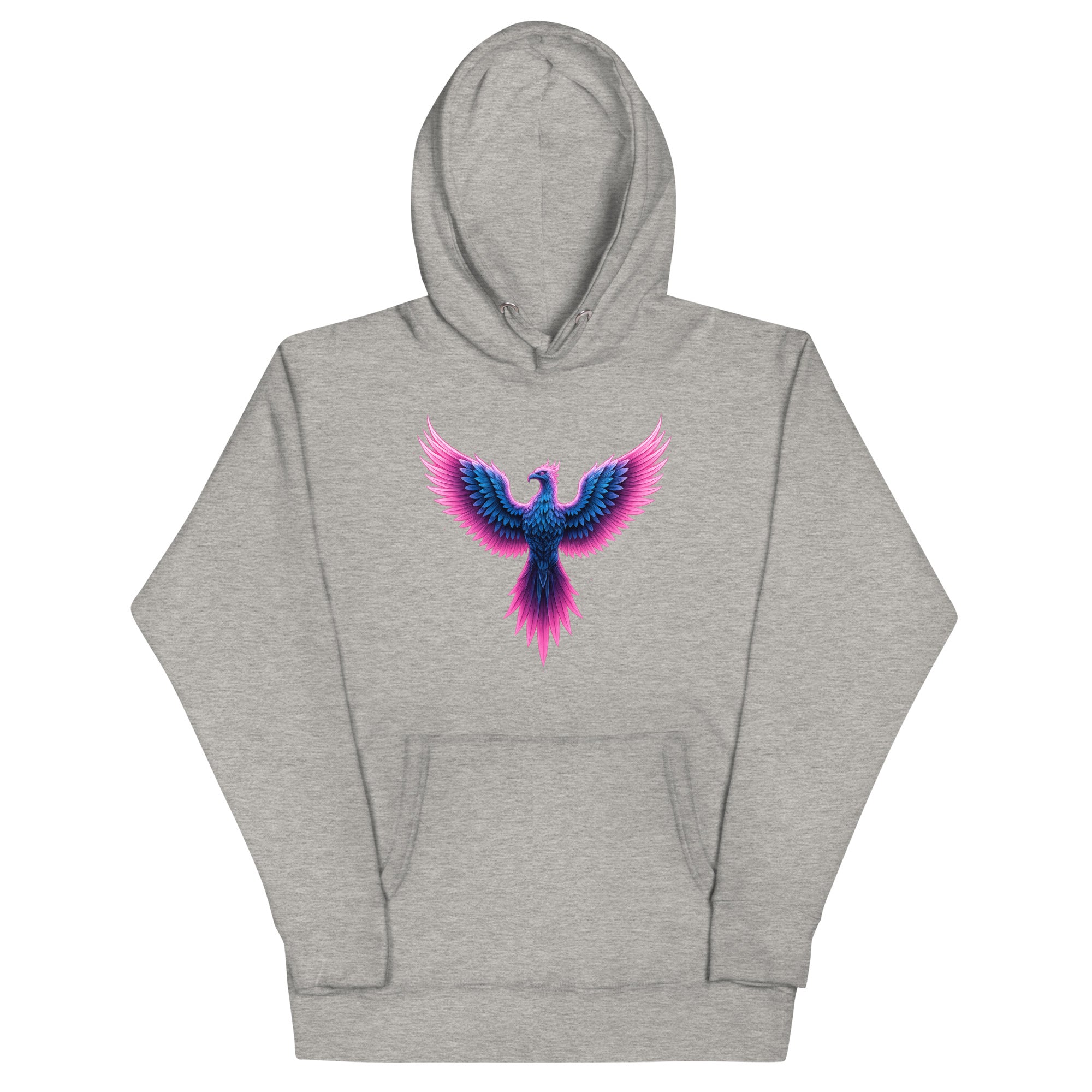 Light gray Neon Angel Wings Hoodie featuring luminous pink and blue wing design.