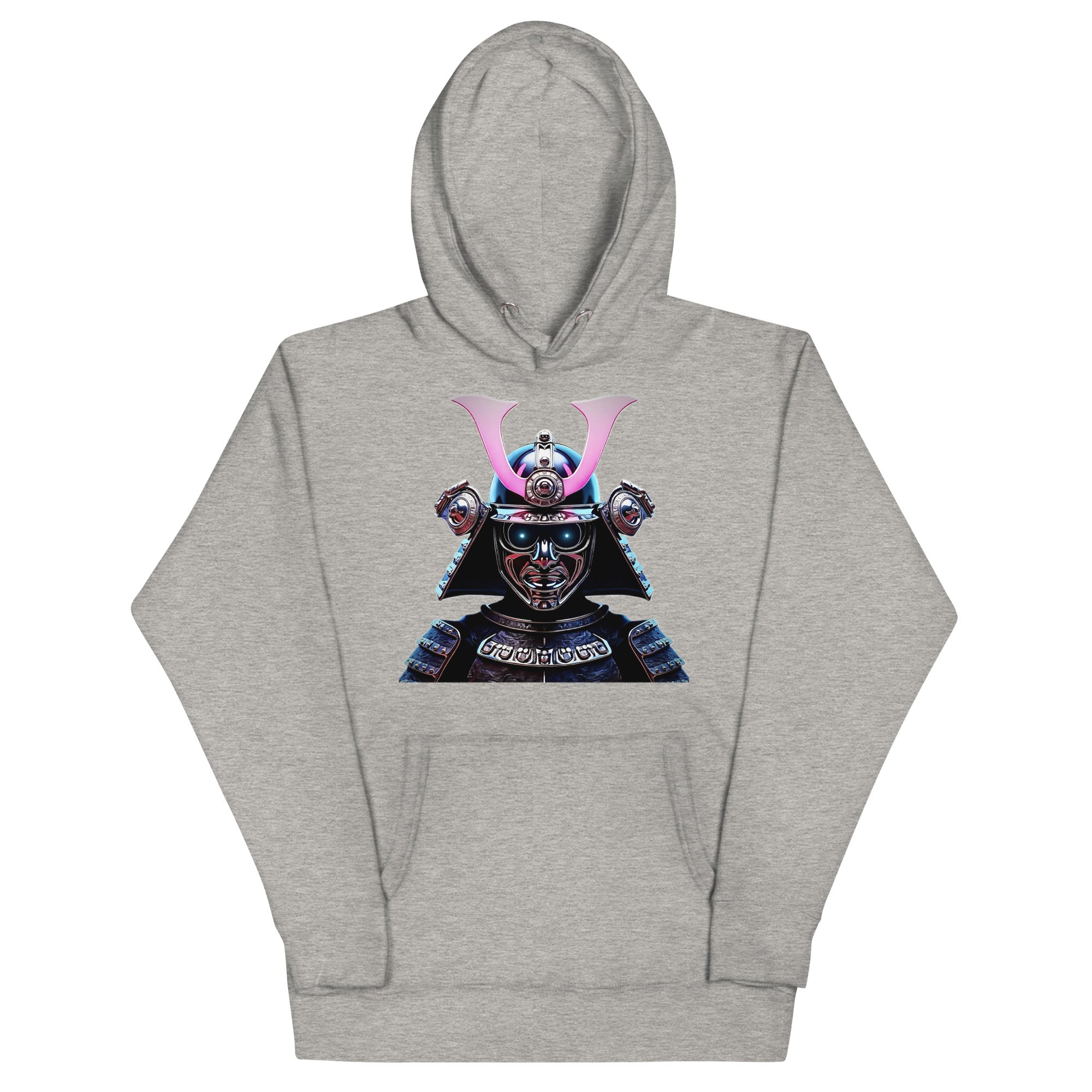Light gray Chrome Cyber Samurai Hoodie with chrome samurai mask and neon katana graphic.