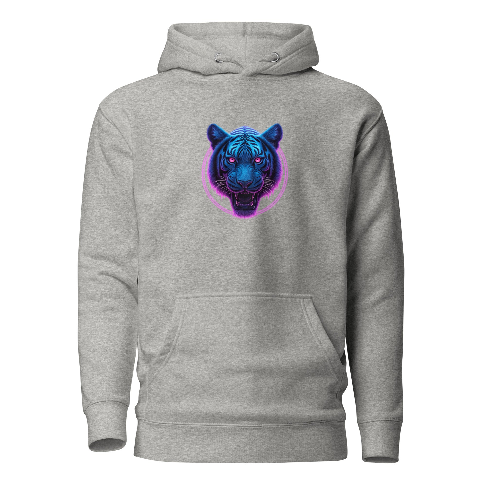 Ash gray Neon Panther Strike Hoodie featuring neon blue and purple panther artwork.