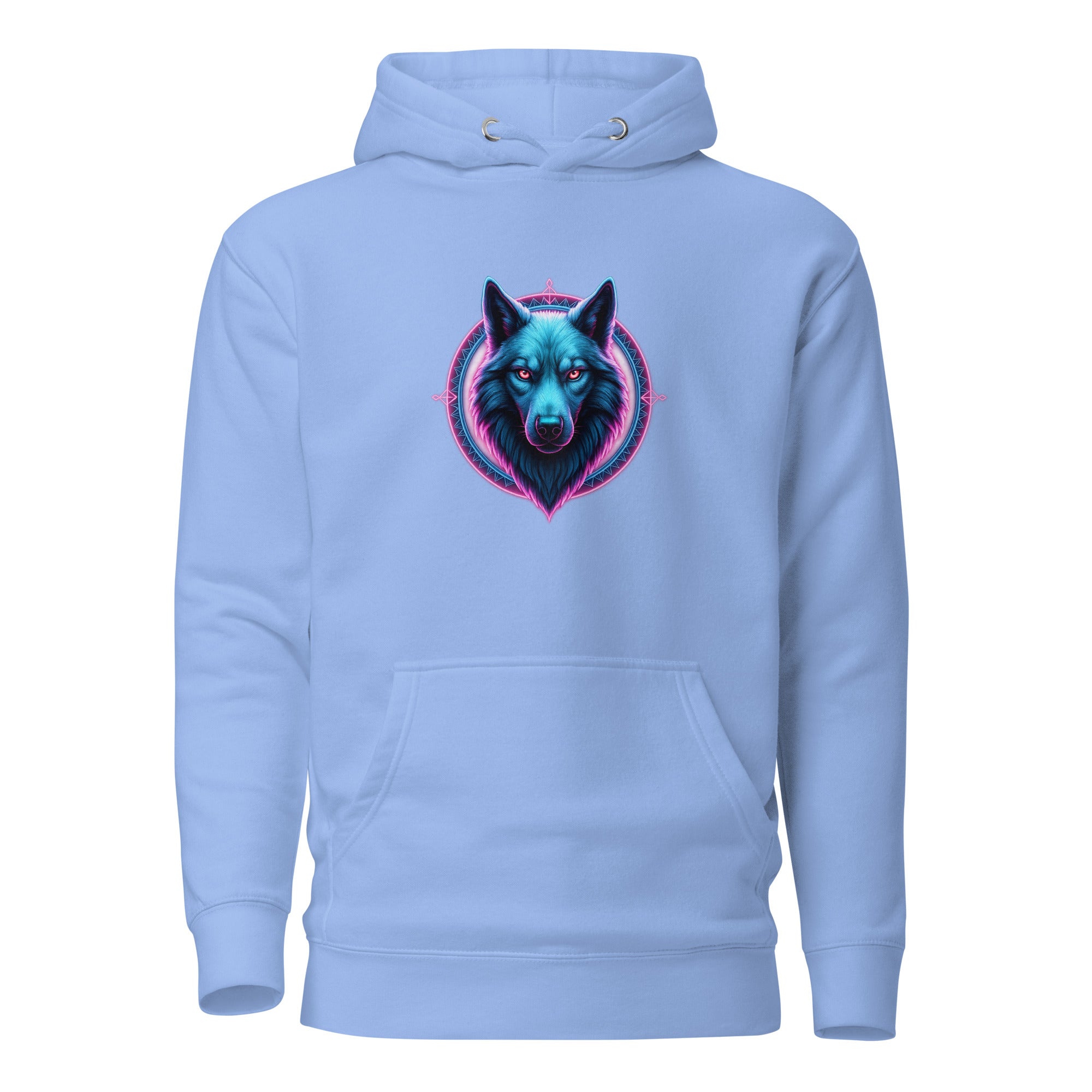 Light blue Neon Alpha Wolf Hoodie with luminous neon wolf graphic.