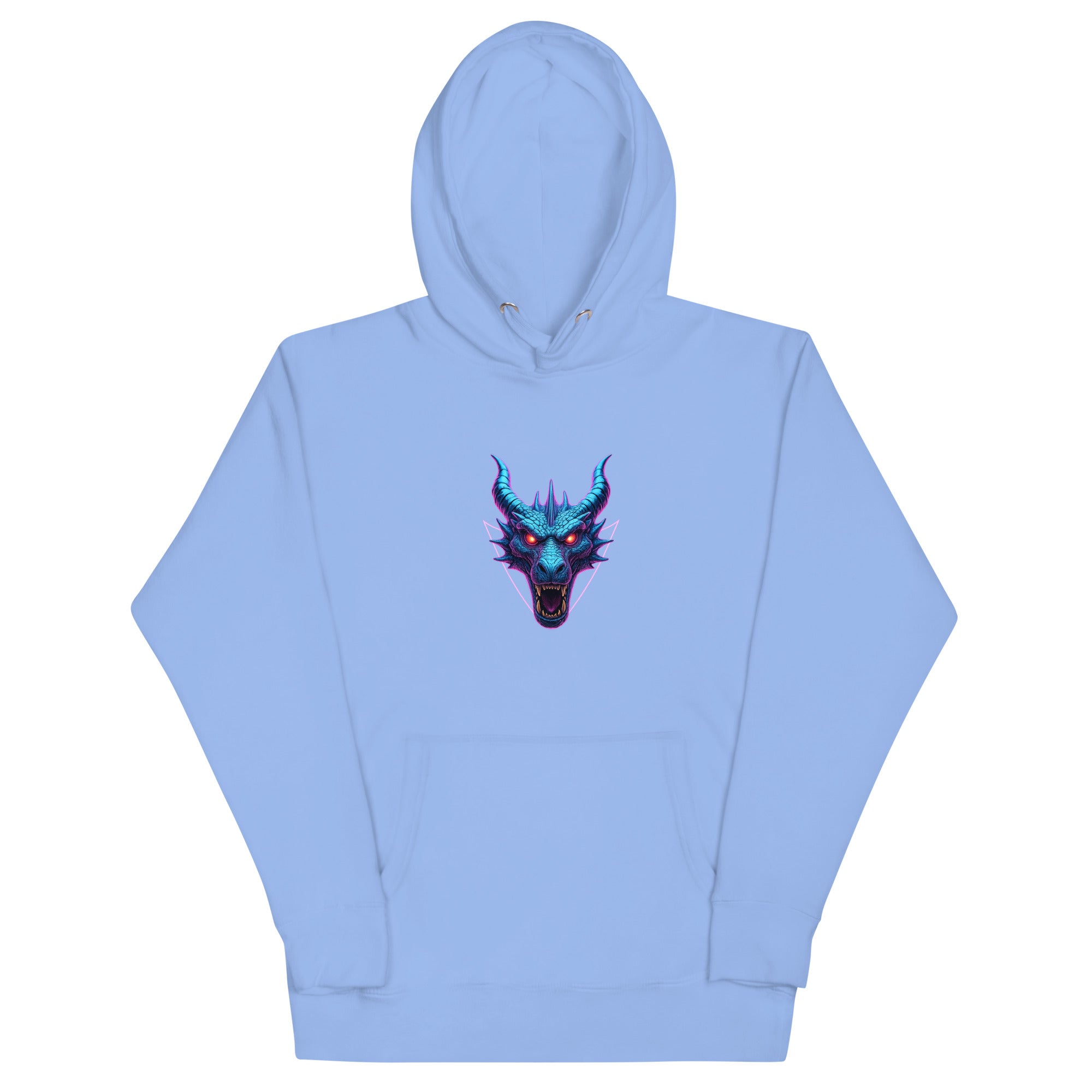 Light blue Neon Dragon Overlord Hoodie featuring glowing blue and purple dragon emblem.