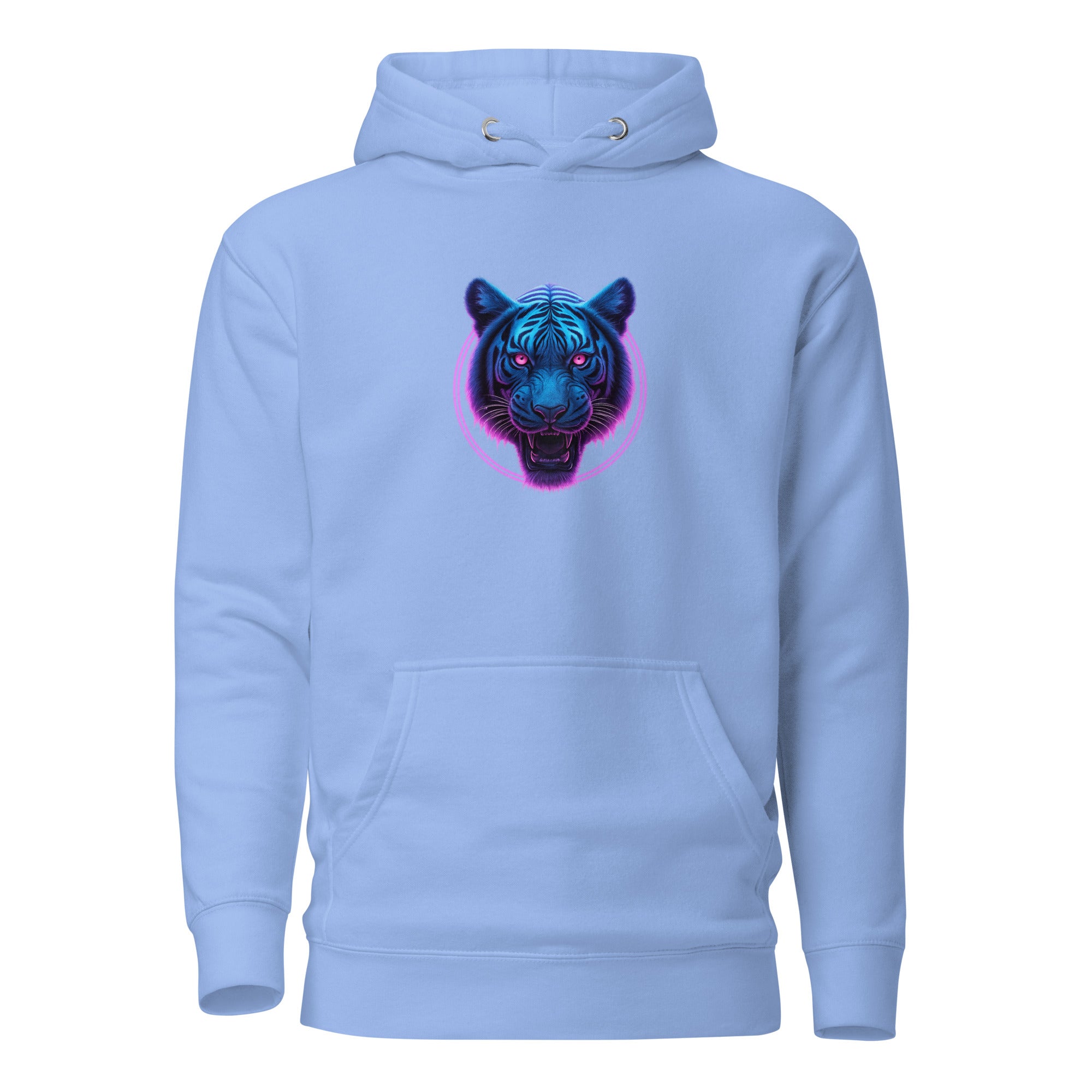 Light blue Neon Panther Strike Hoodie with glowing neon panther head design.