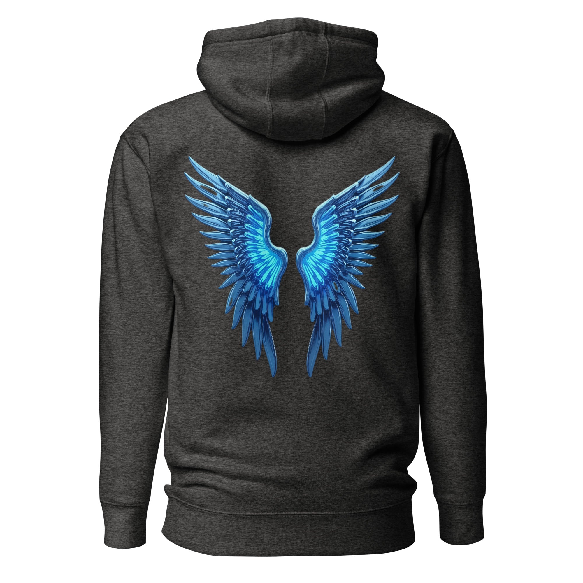 Dark Charcoal Chrome Angel Wings Hoodie featuring neon electric blue chrome wing artwork on the back.