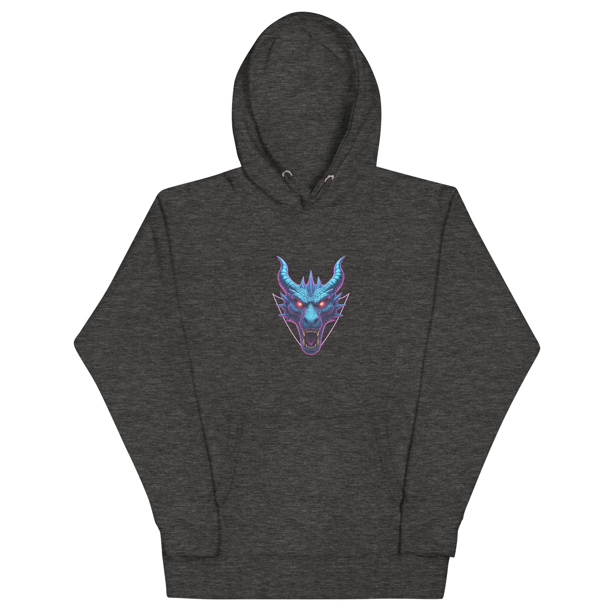 Dark gray Neon Dragon Overlord Hoodie featuring neon blue and purple dragon head design.