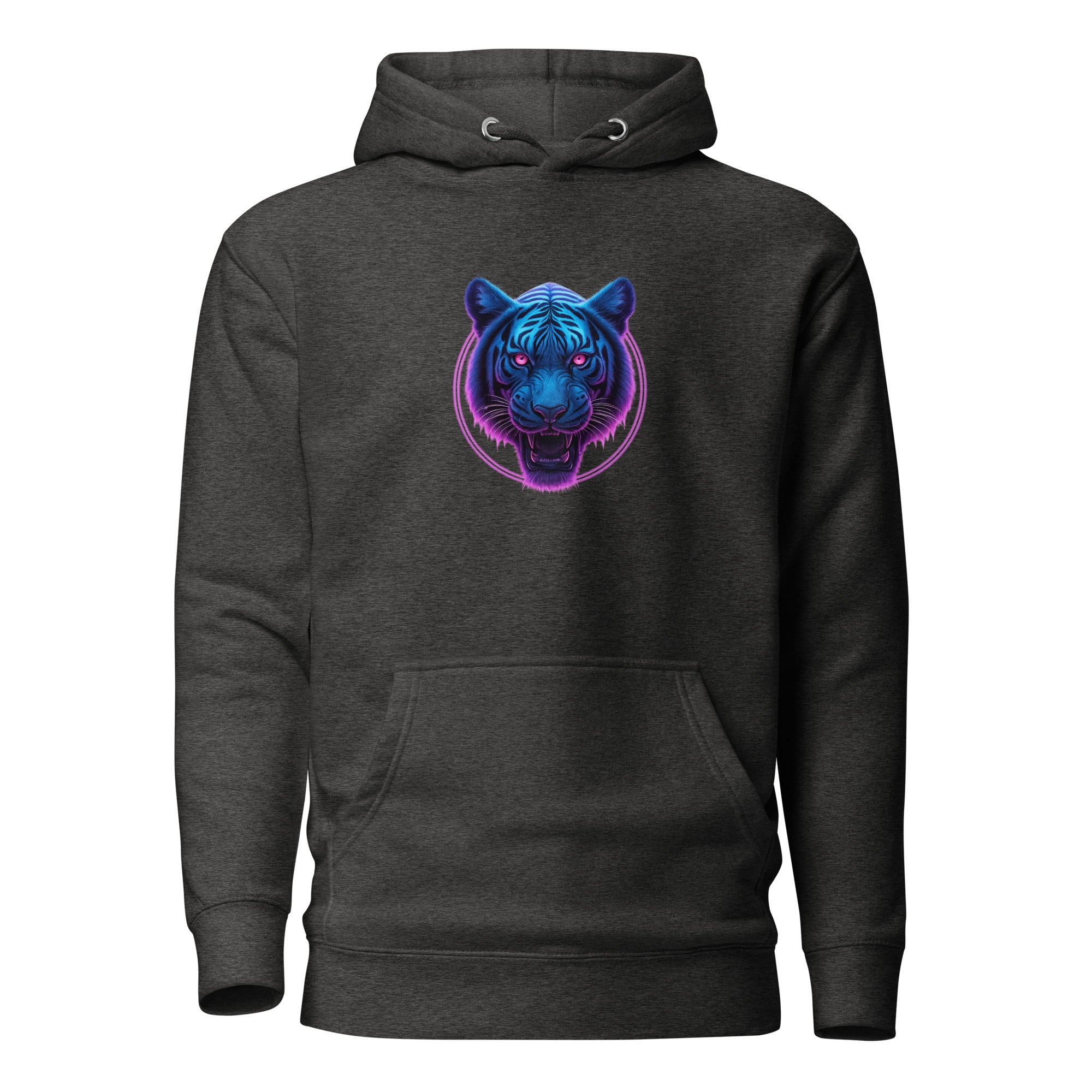 Dark charcoal Neon Panther Strike Hoodie with glowing blue and purple panther artwork.