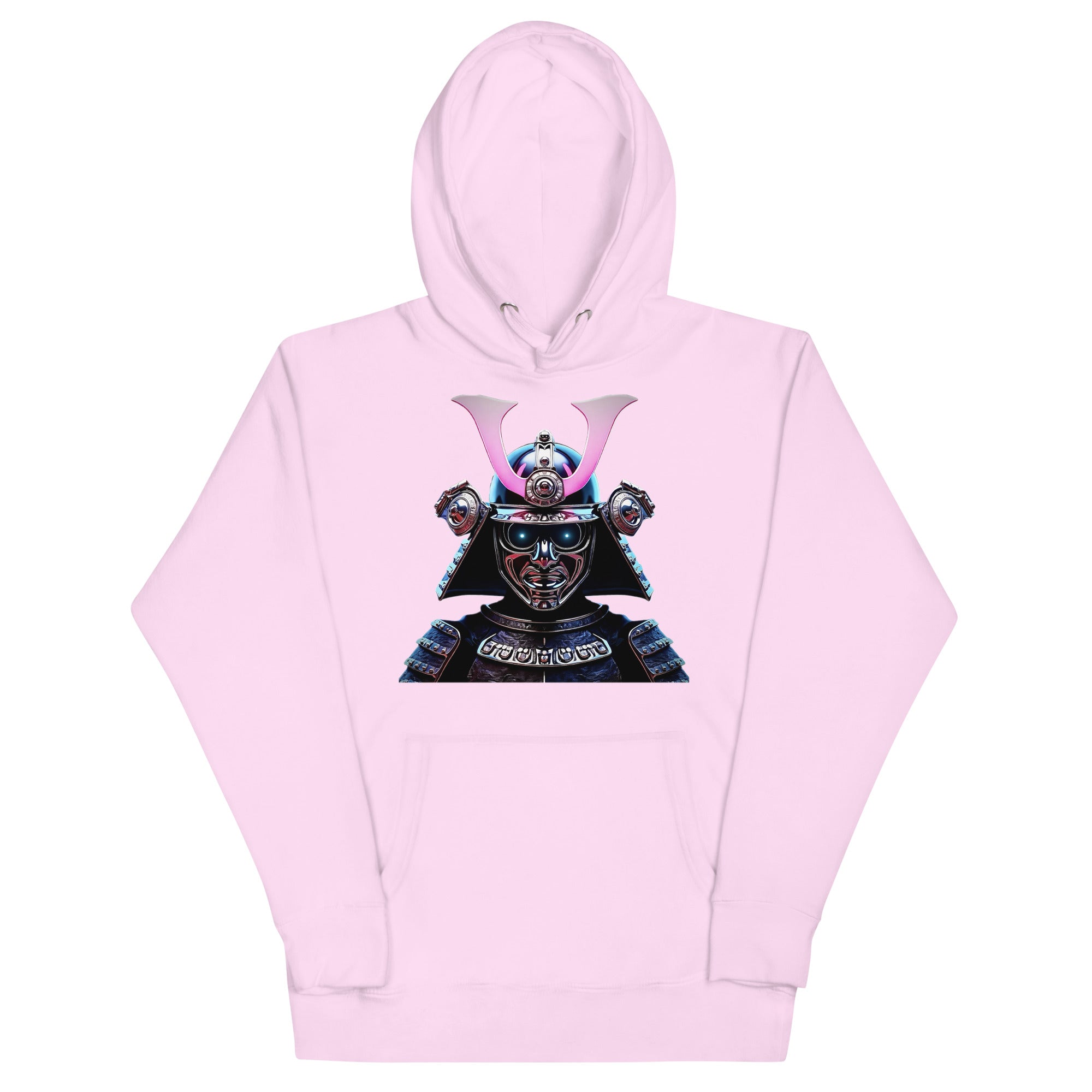 Pink Chrome Cyber Samurai Hoodie featuring vibrant neon katana and chrome samurai helmet graphic.