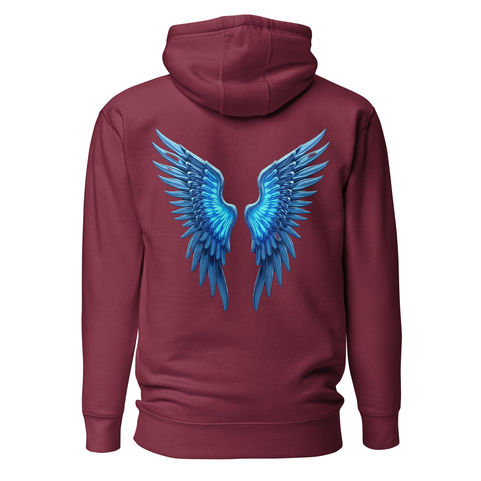 Maroon Chrome Angel Wings Hoodie with bright electric blue chrome wings on the back.