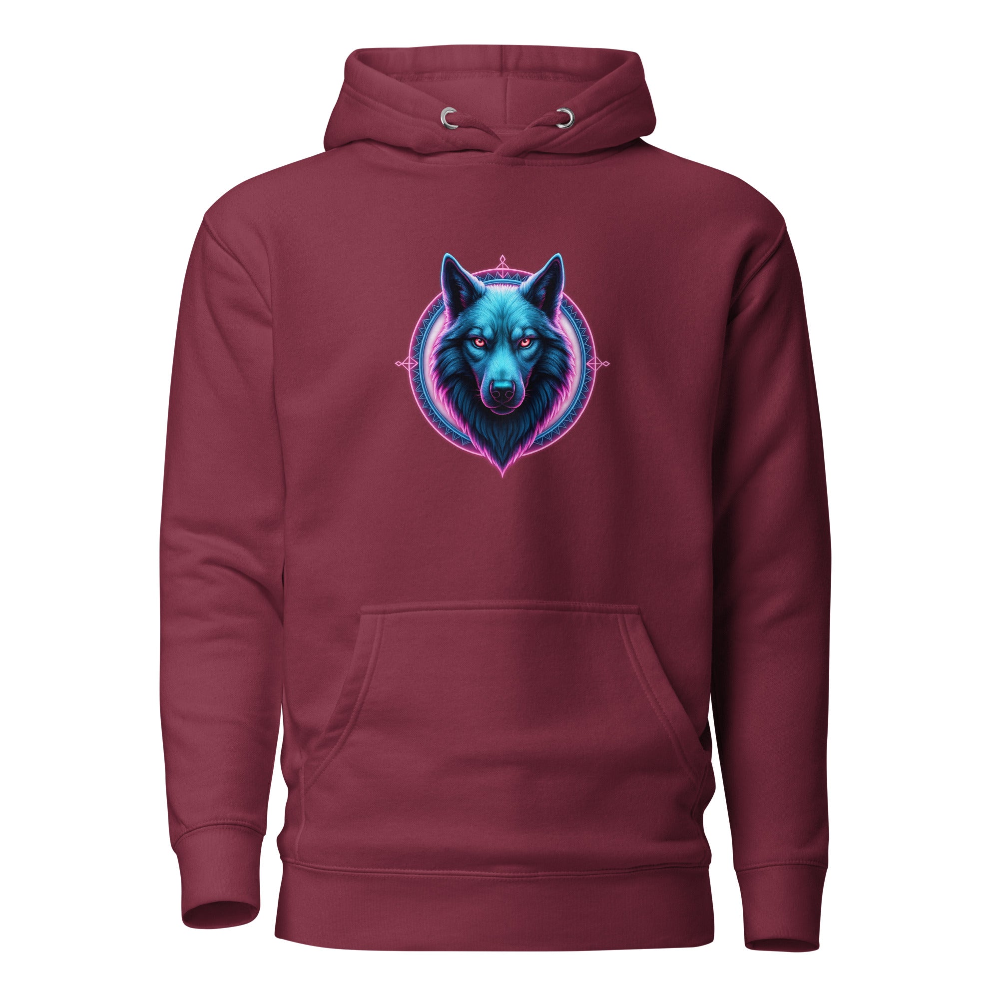 Maroon Neon Alpha Wolf Hoodie featuring glowing cyber wolf artwork.