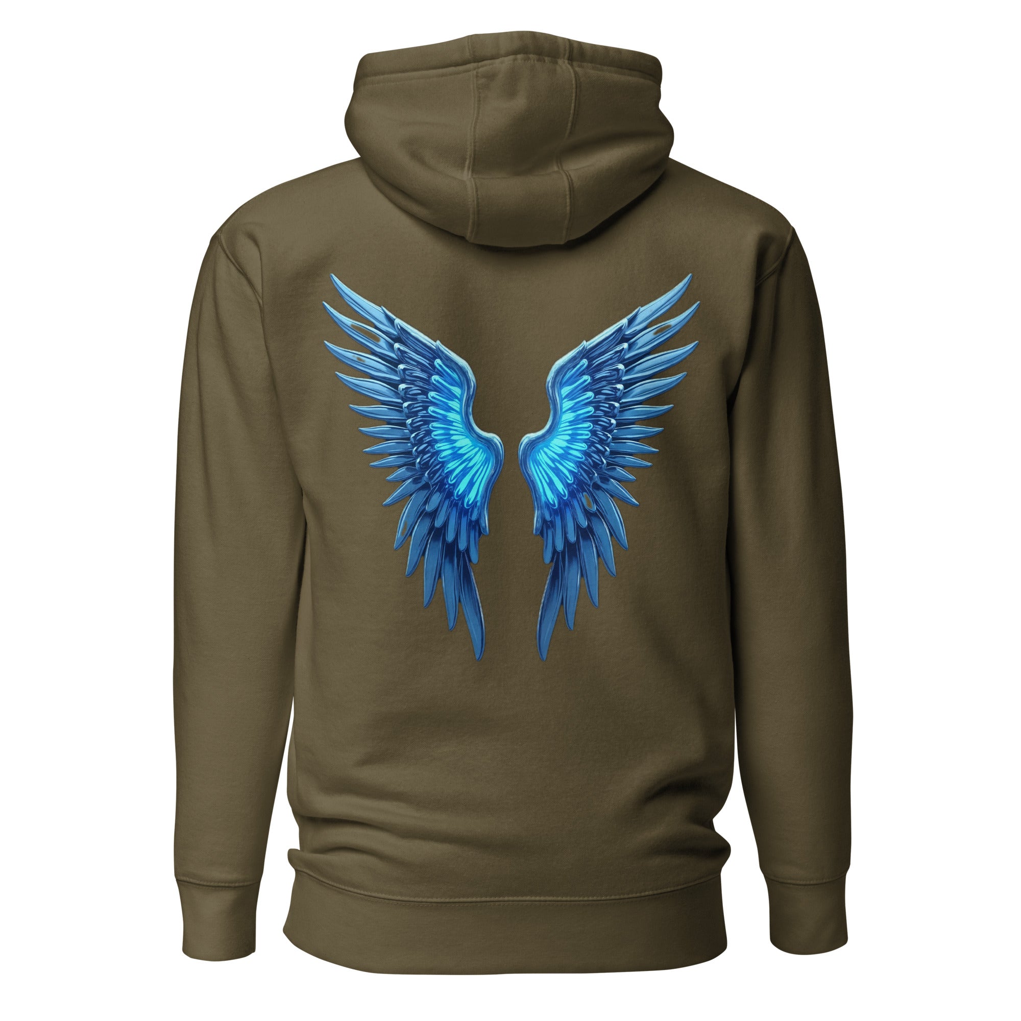 Military green Chrome Angel Wings Hoodie with glowing blue chrome wings on the back.