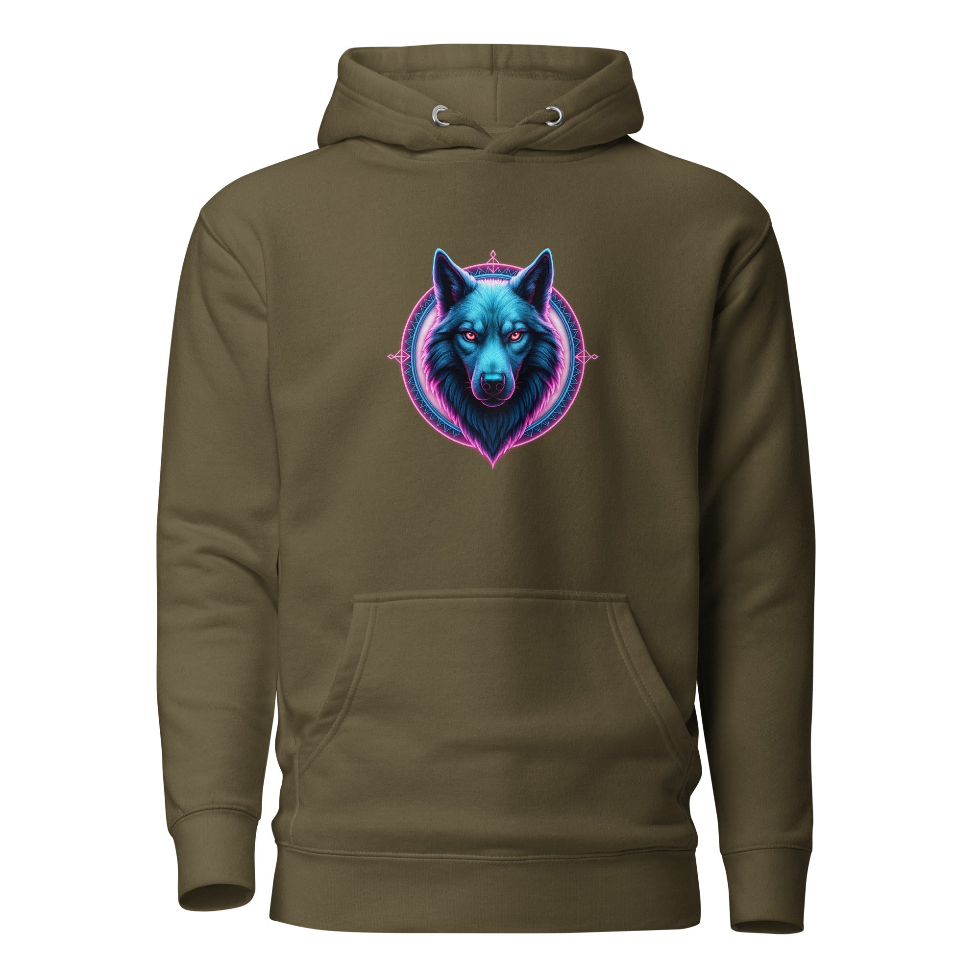 Military green Neon Alpha Wolf Hoodie with neon blue and purple wolf emblem.