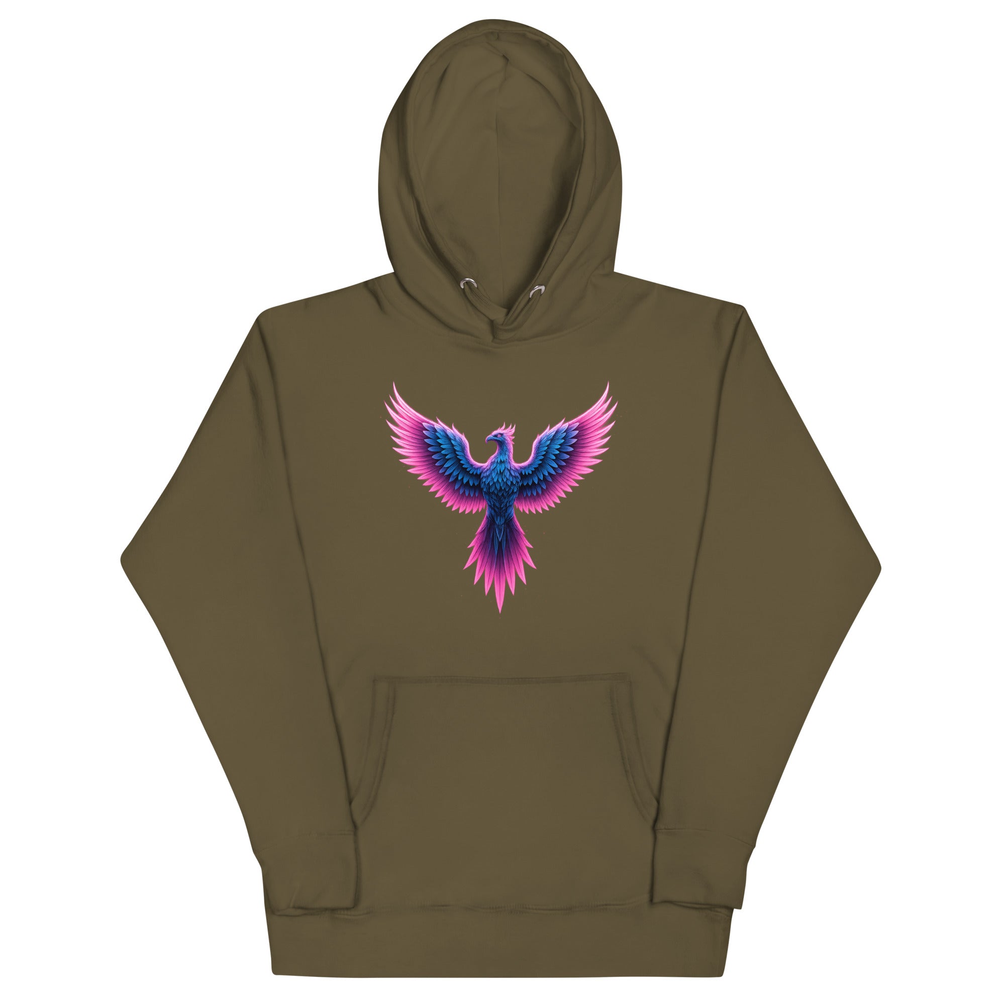 Military green Neon Angel Wings Hoodie featuring glowing pink and blue wing artwork.