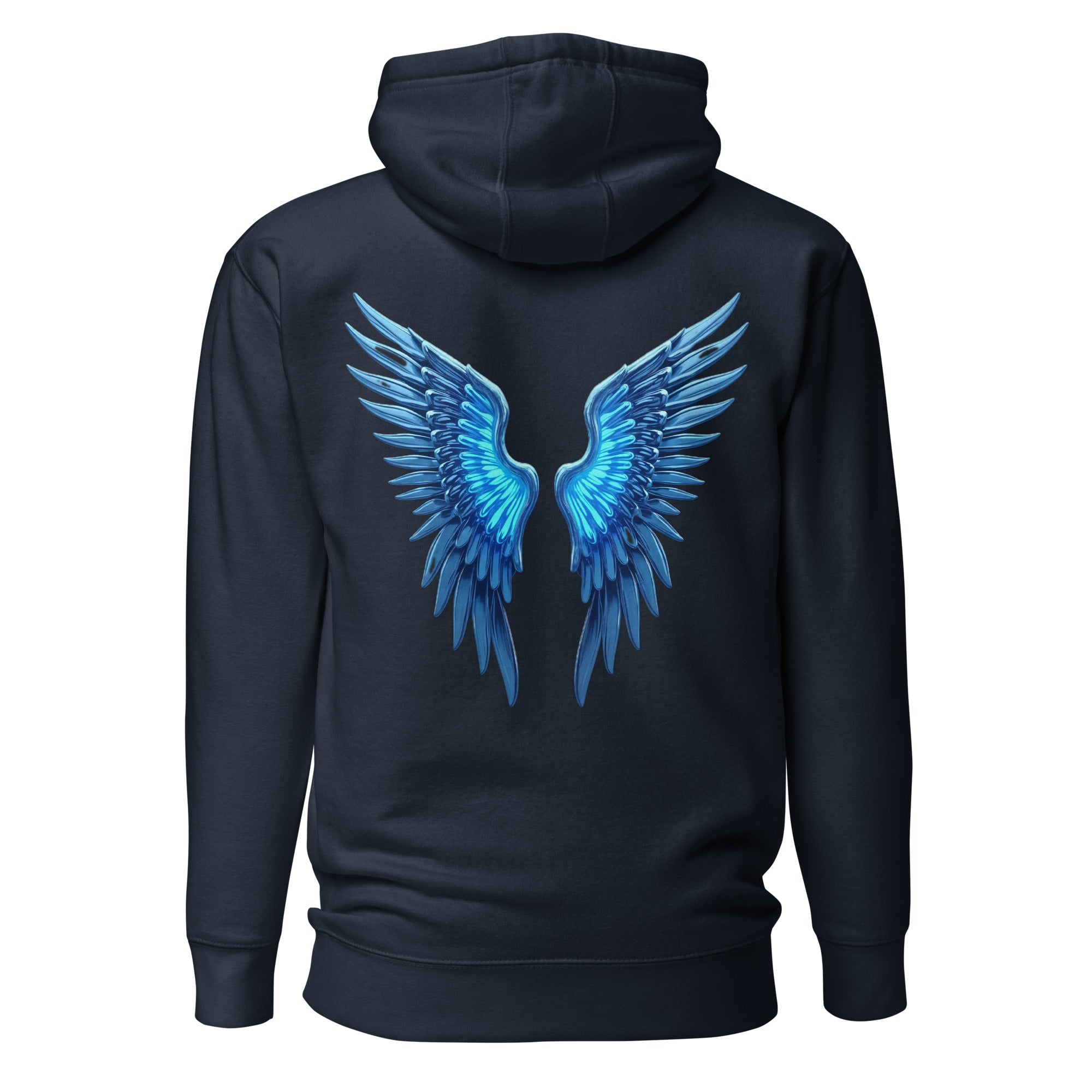 Navy Chrome Angel Wings Hoodie featuring glowing electric blue chrome wings on the back.