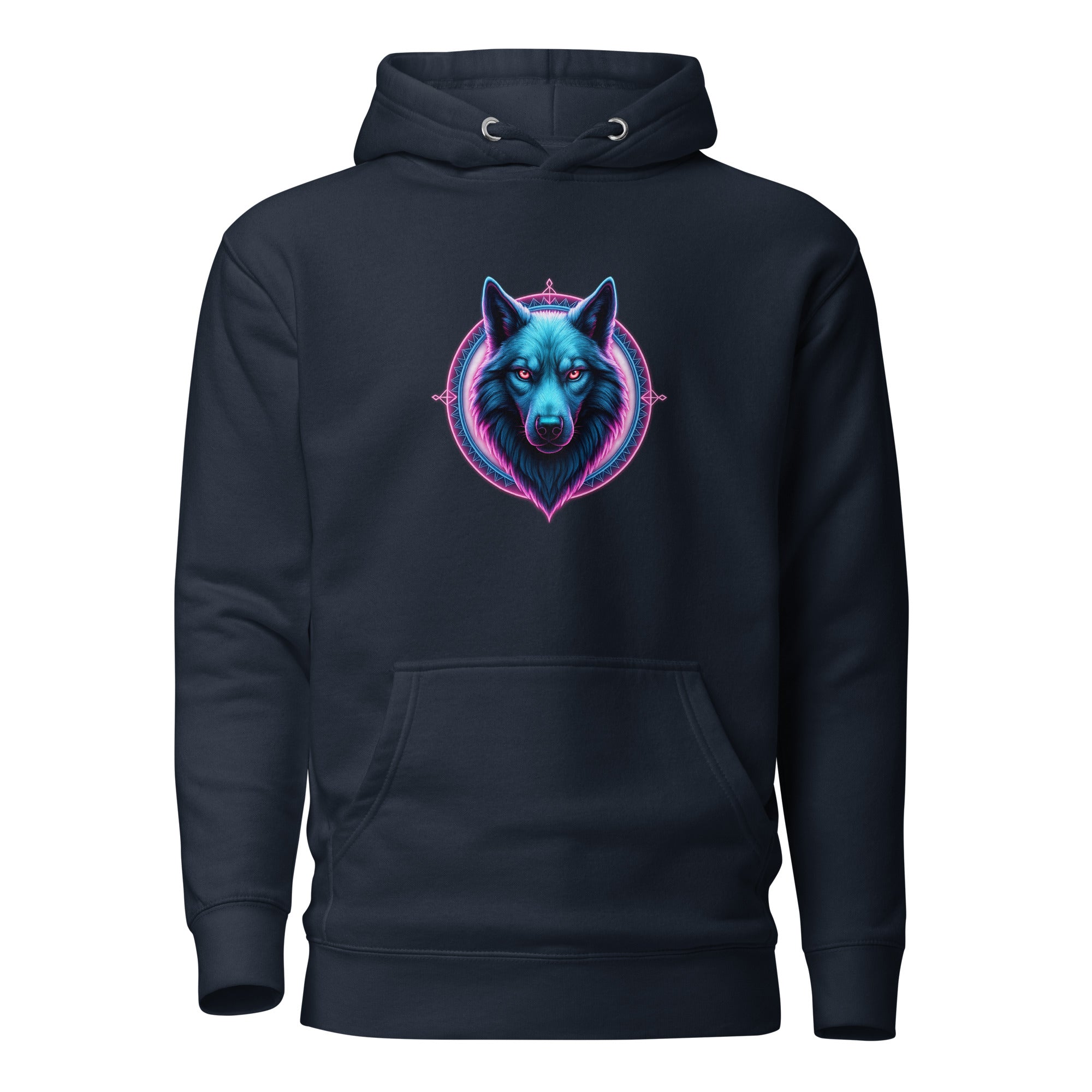 Navy Neon Alpha Wolf Hoodie with luminous neon wolf emblem on the front.