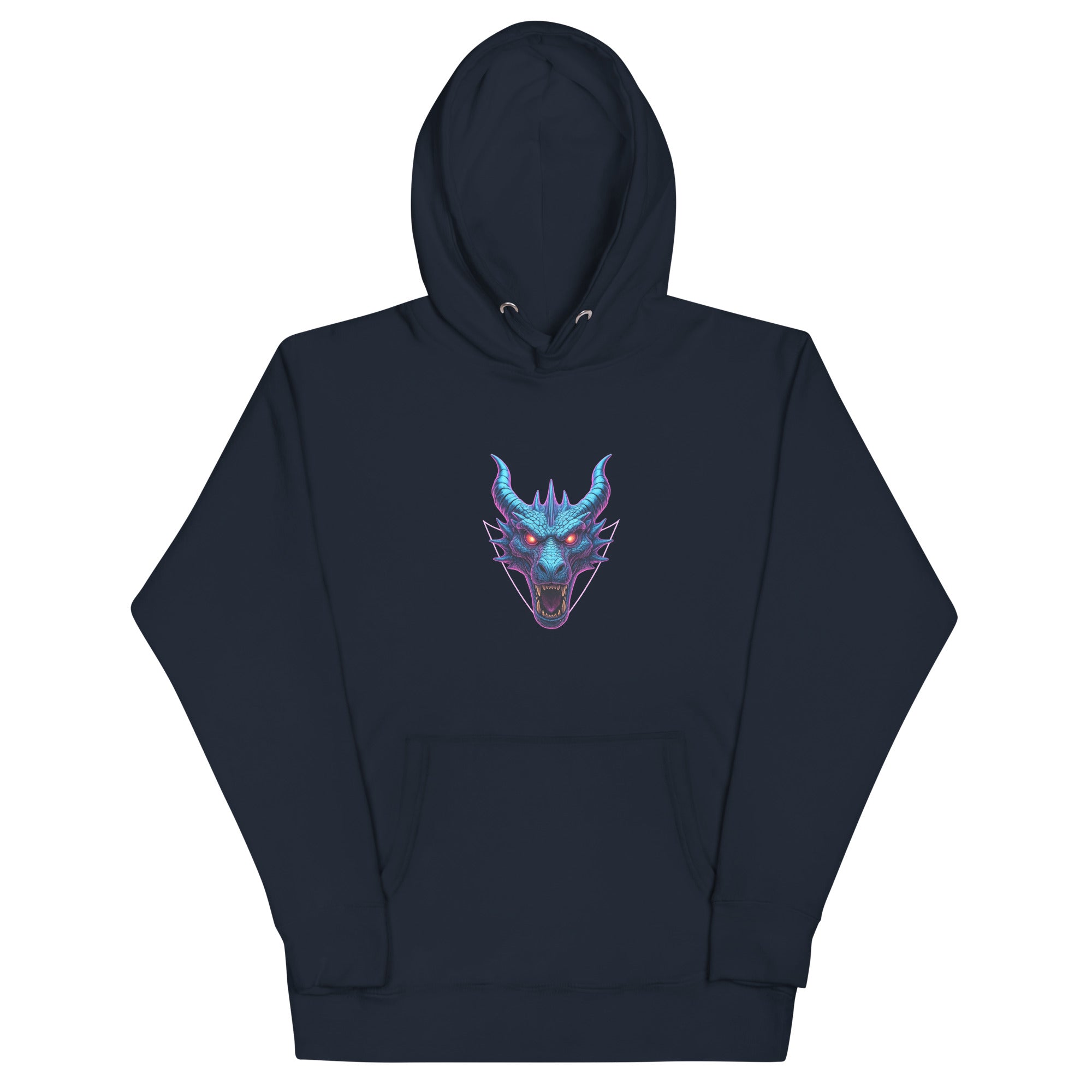 Navy Neon Dragon Overlord Hoodie with radiant neon cyber-dragon artwork.
