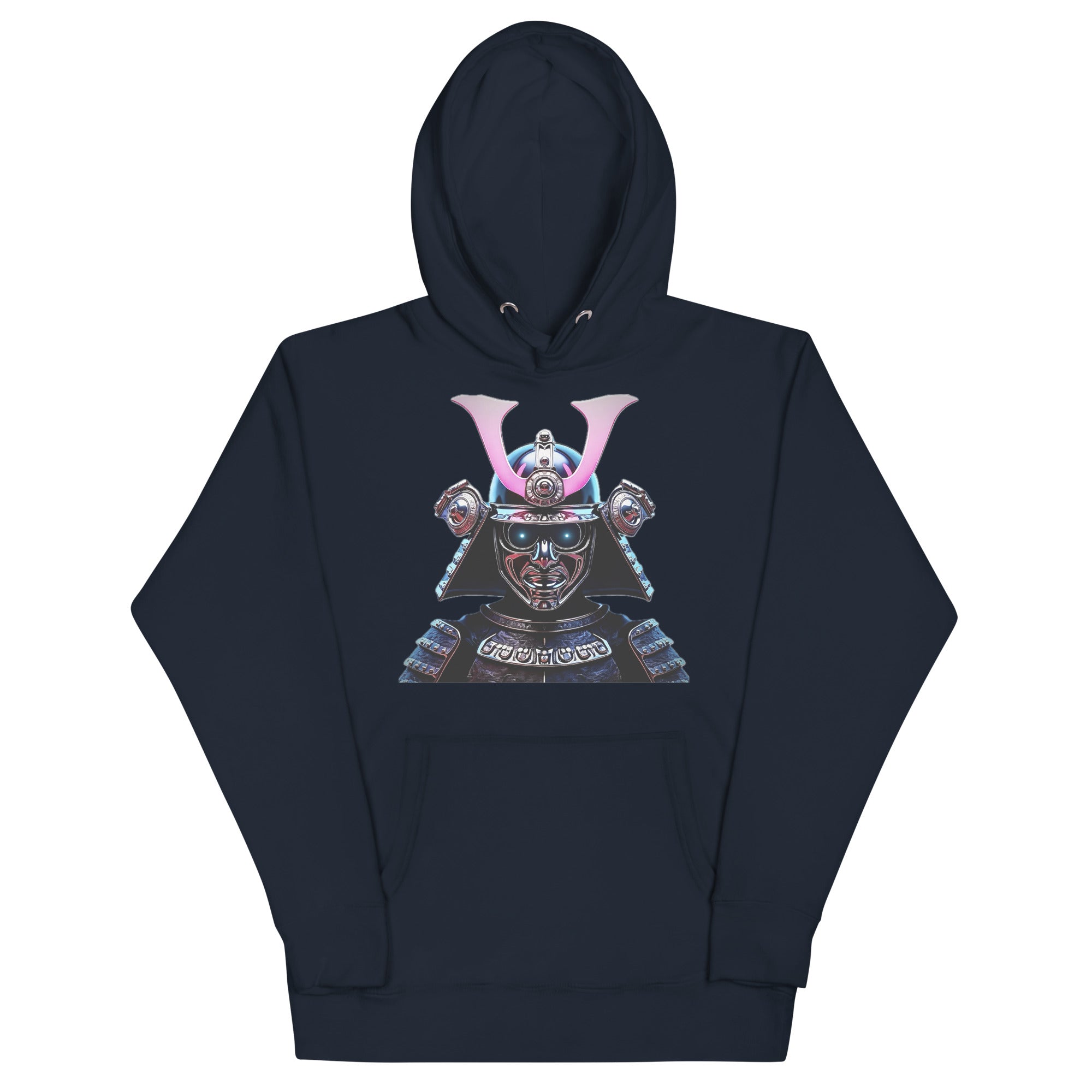 Navy Chrome Cyber Samurai Hoodie featuring futuristic chrome samurai helmet and neon swords.