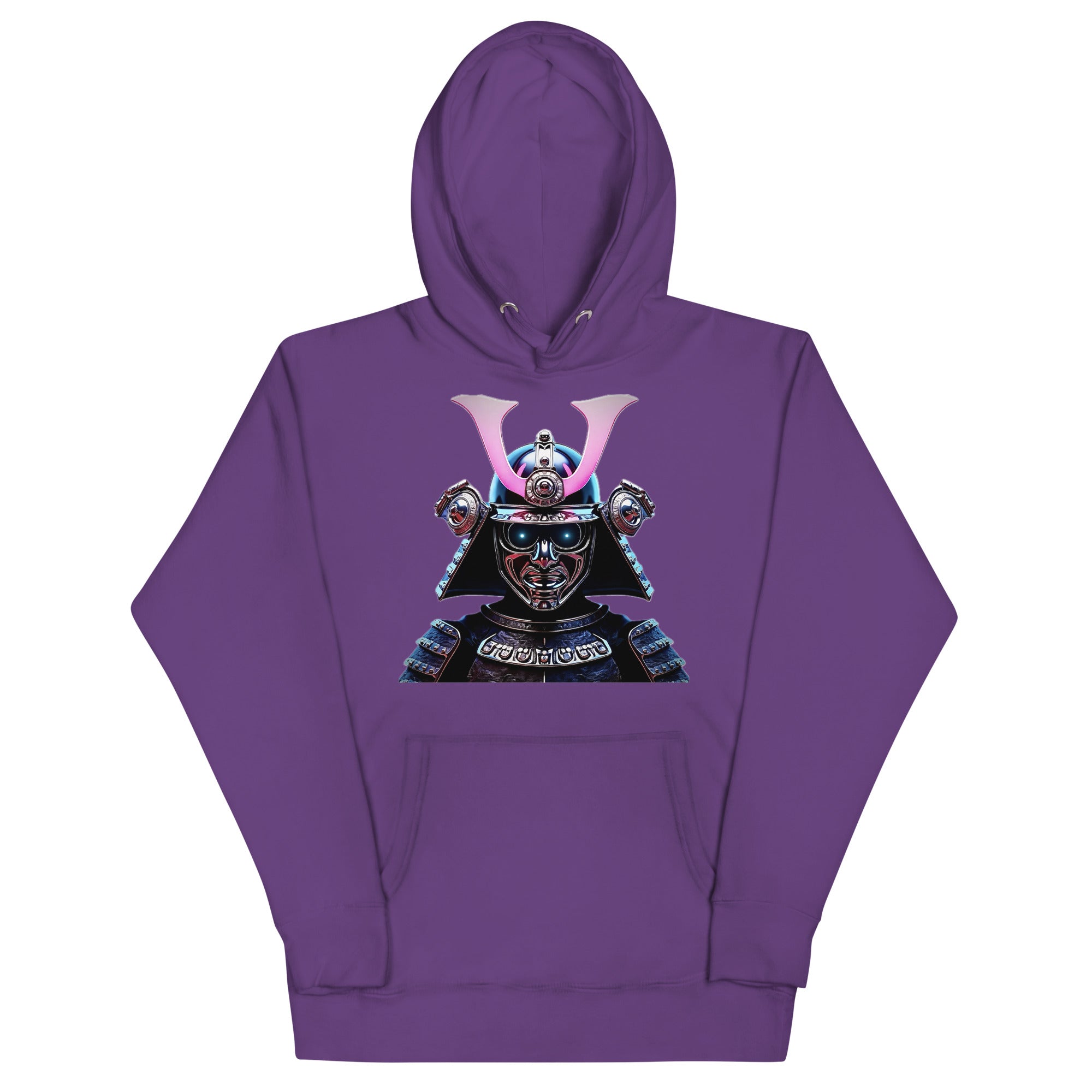 Purple Chrome Cyber Samurai Hoodie featuring chrome samurai mask with neon katana artwork.
