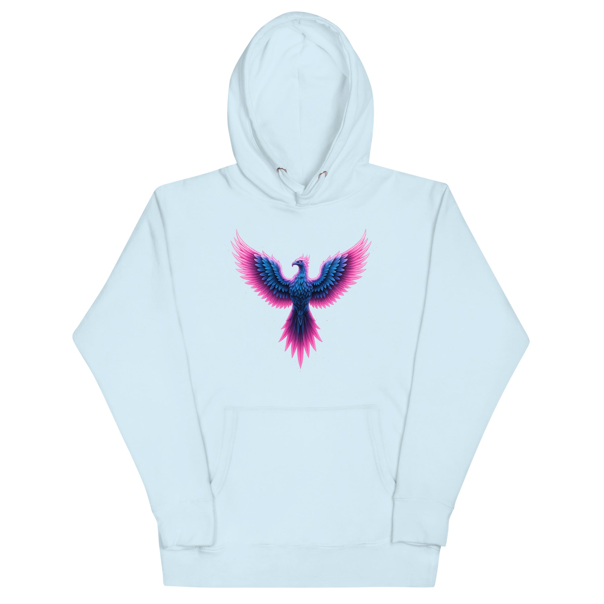 Sky blue Neon Angel Wings Hoodie featuring bright glowing pink and blue wings.