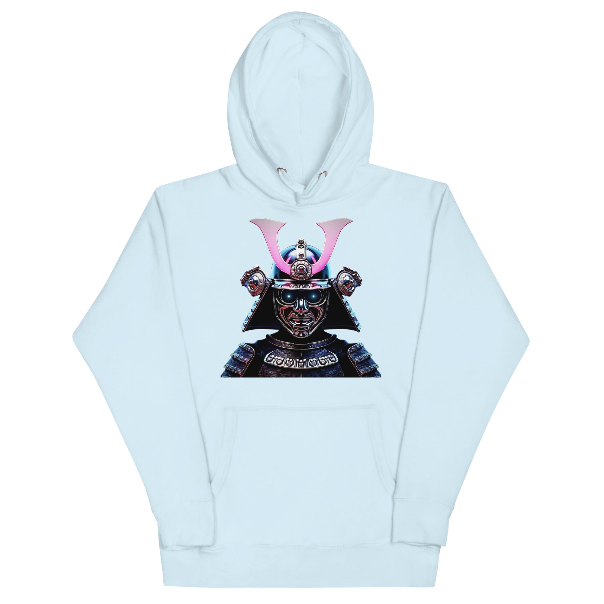 Light blue Chrome Cyber Samurai Hoodie with futuristic chrome samurai helmet and neon sword accents.