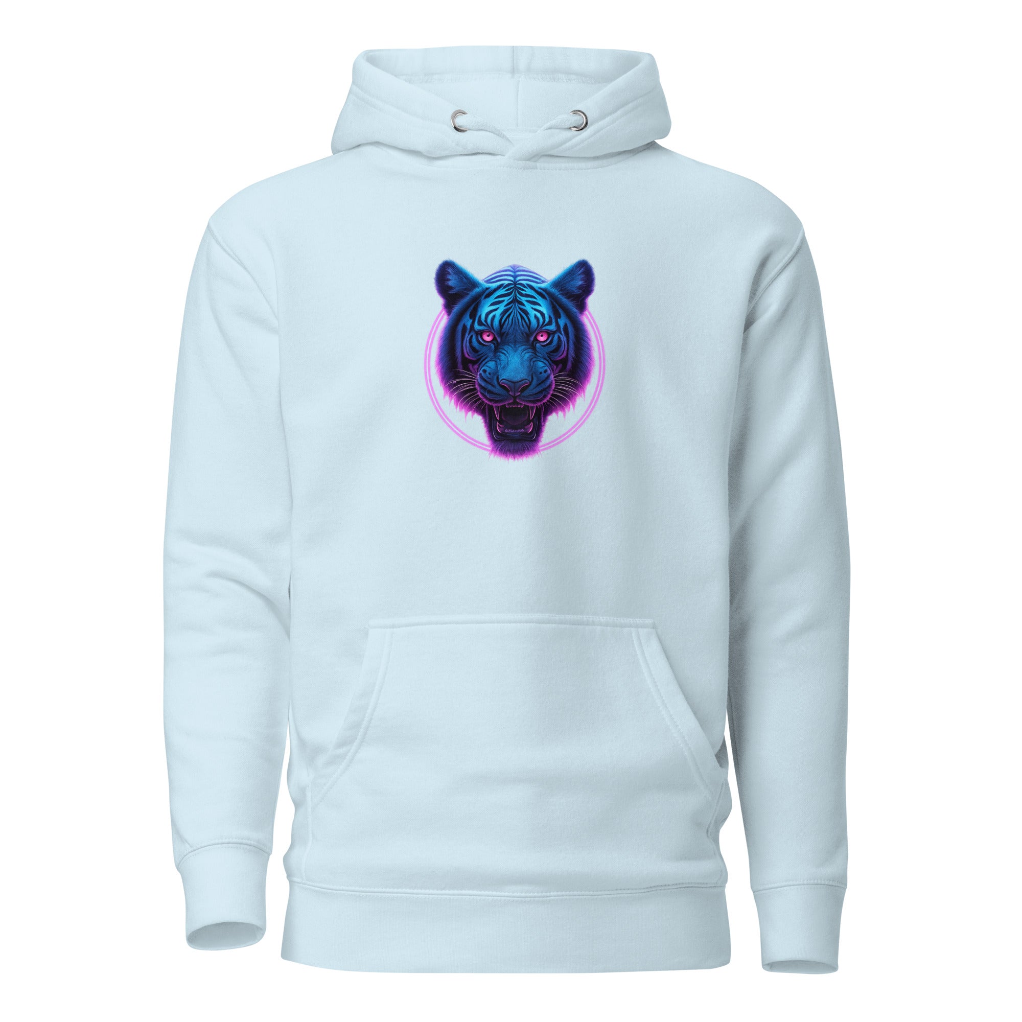 Sky Blue Neon Panther Strike Hoodie with bright neon blue and purple panther head graphic.