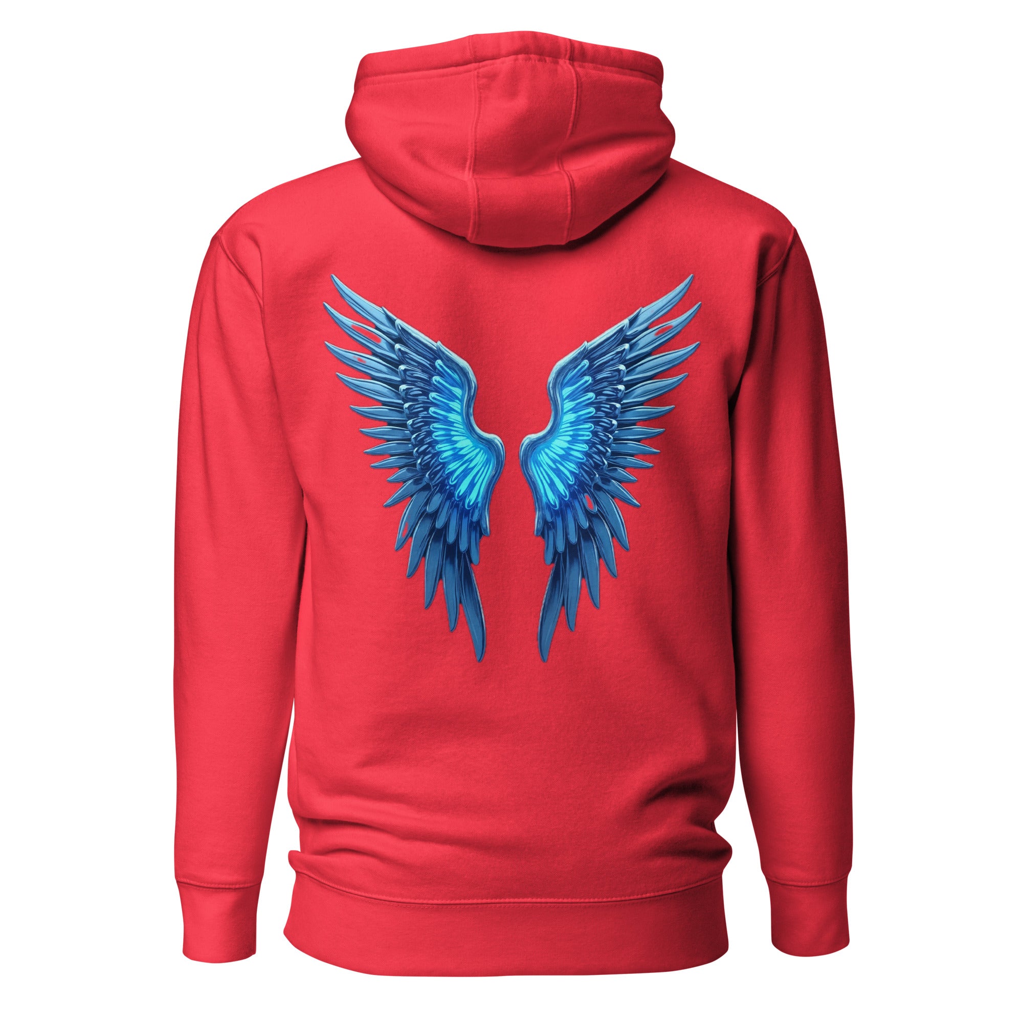 Red Chrome Angel Wings Hoodie featuring bright electric blue chrome wings on the back.