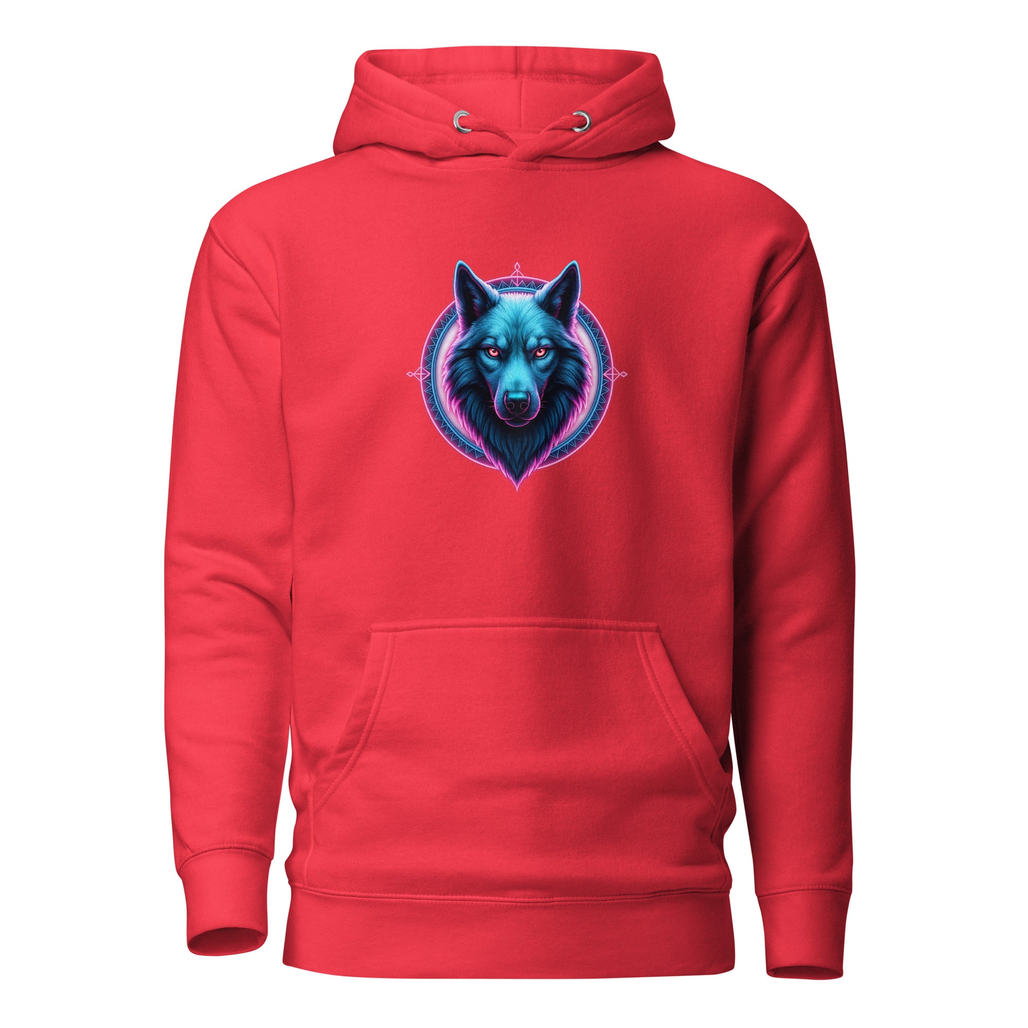 Red Neon Alpha Wolf Hoodie featuring vibrant neon cyber wolf artwork.