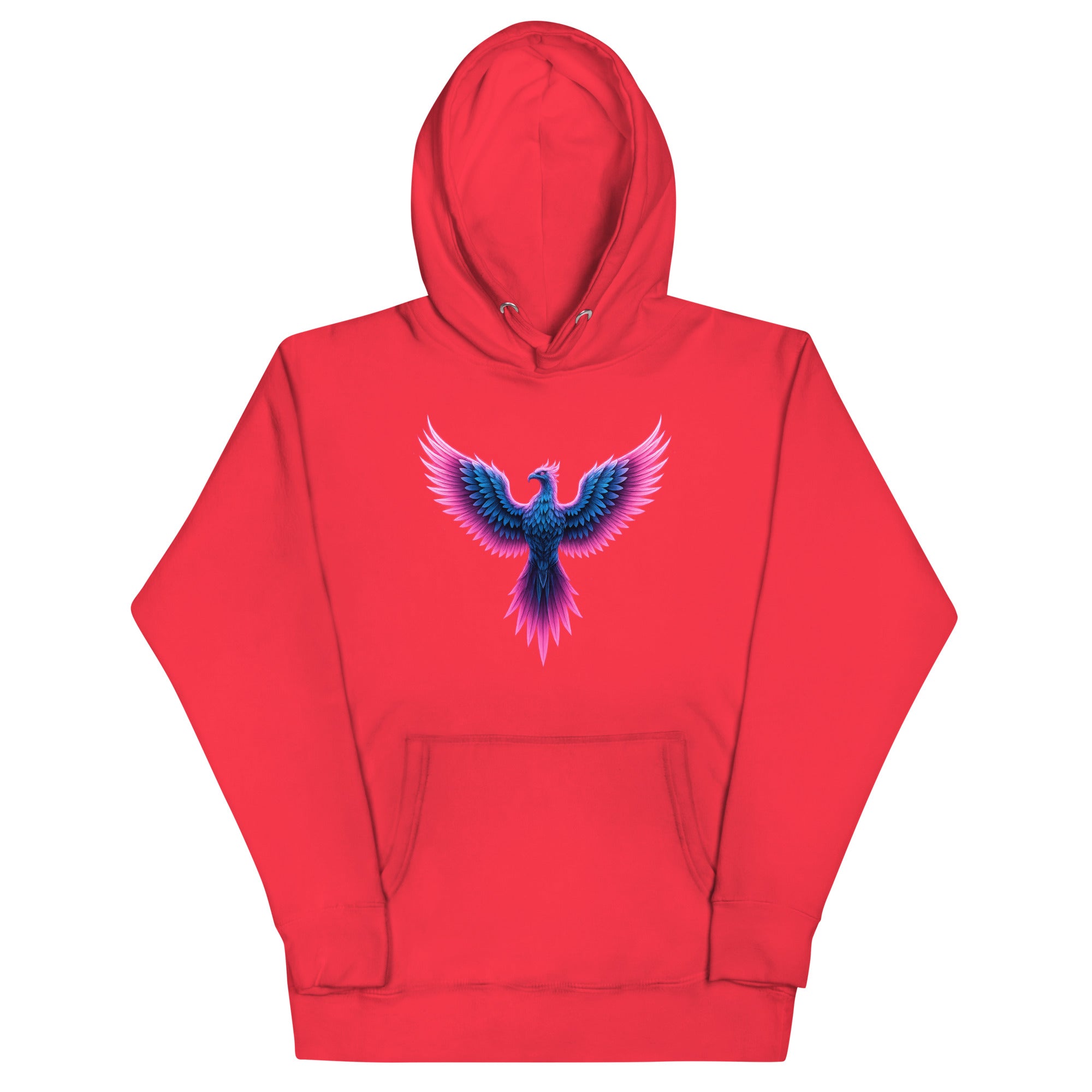 Red Neon Angel Wings Hoodie featuring bright pink and blue glowing wing artwork.