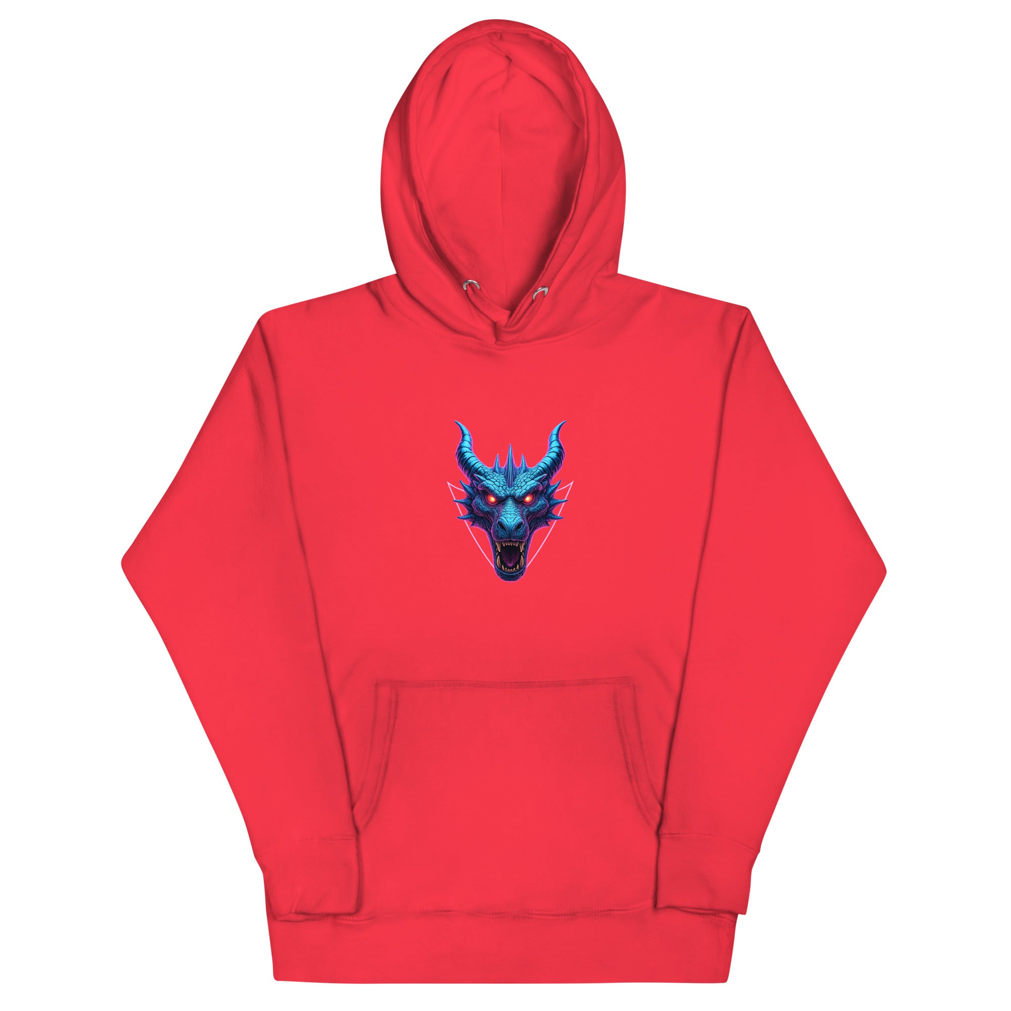 Red Neon Dragon Overlord Hoodie with glowing blue and purple cyber-dragon graphic.