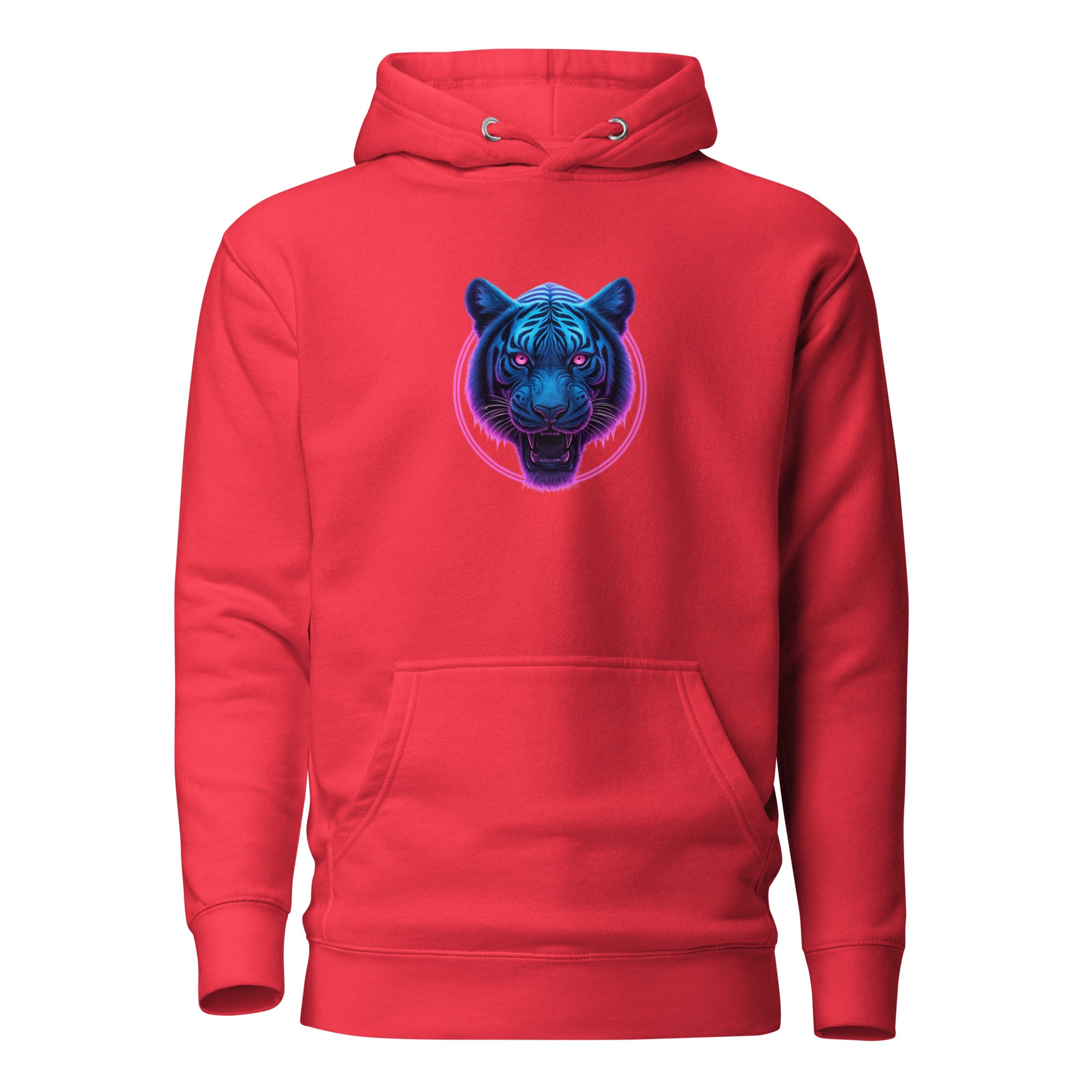 Red Neon Panther Strike Hoodie featuring vibrant neon blue and purple panther artwork.
