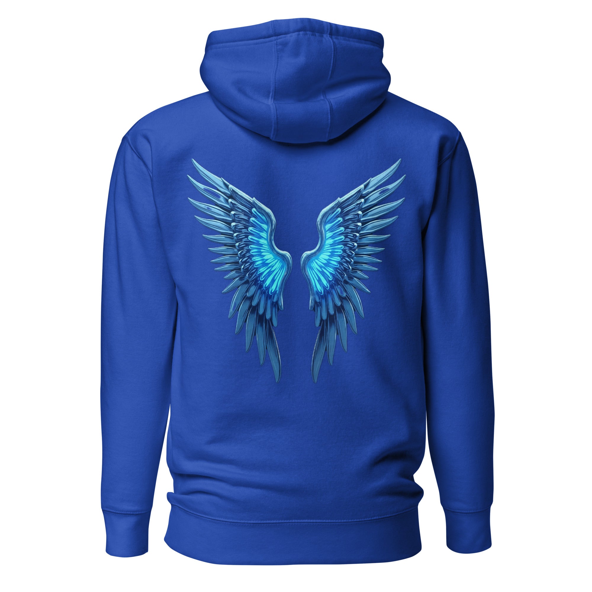 Royal blue Chrome Angel Wings Hoodie featuring electric blue chrome wing design on the back.