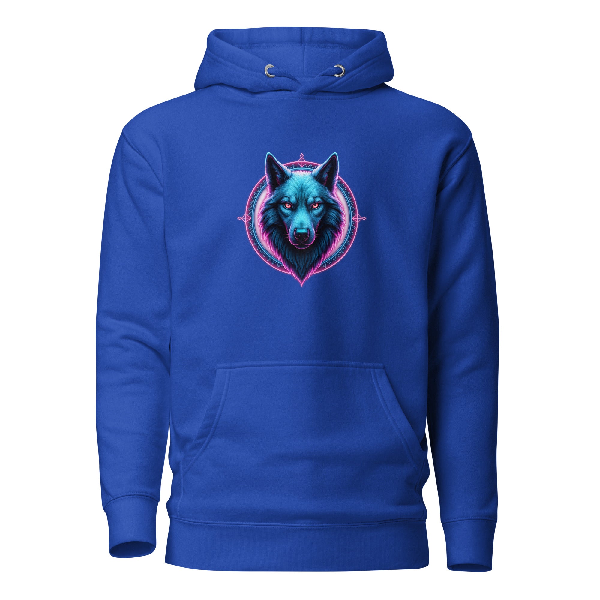 Royal blue Neon Alpha Wolf Hoodie featuring glowing neon wolf illustration.