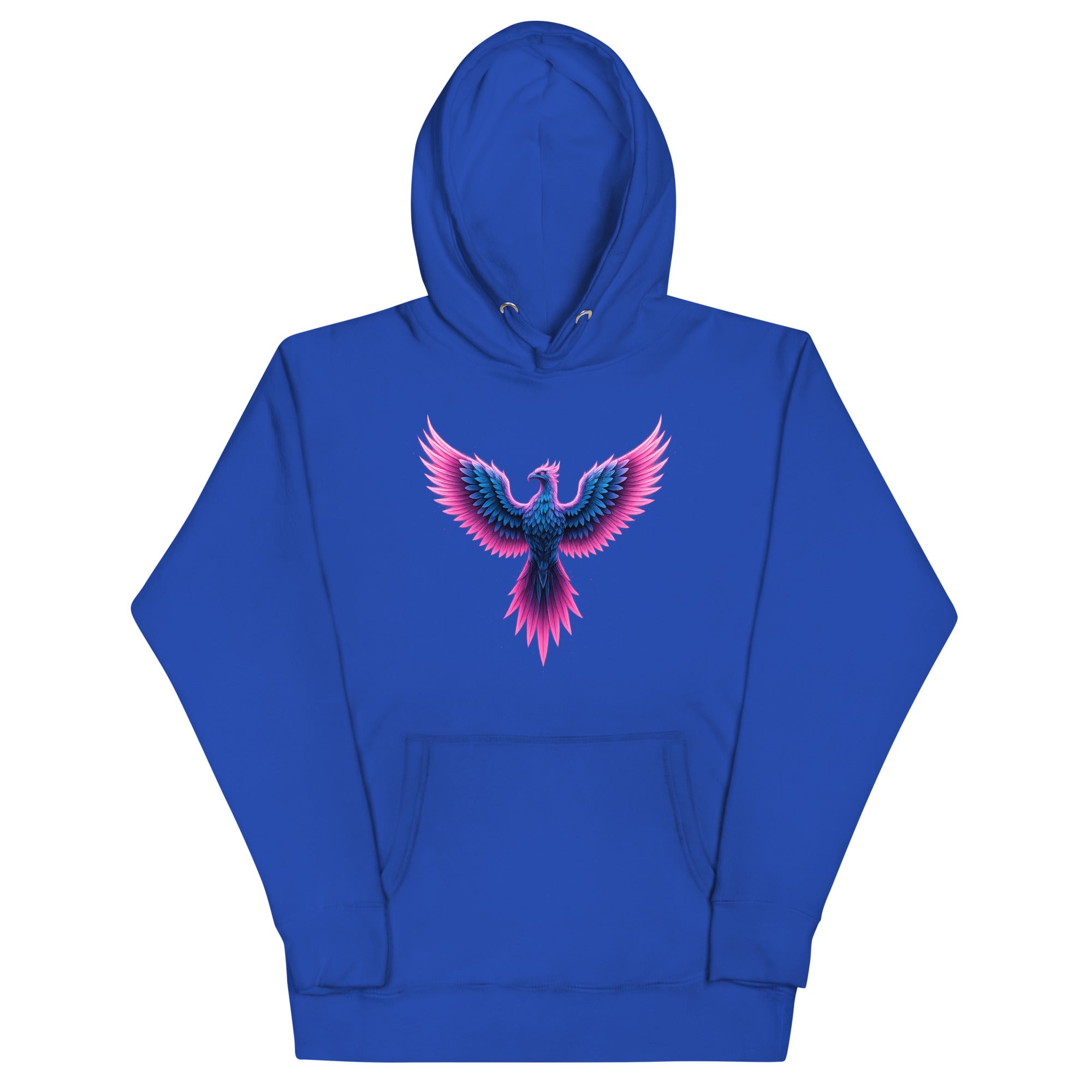 Royal blue Neon Angel Wings Hoodie with vibrant neon pink and blue wing graphic.