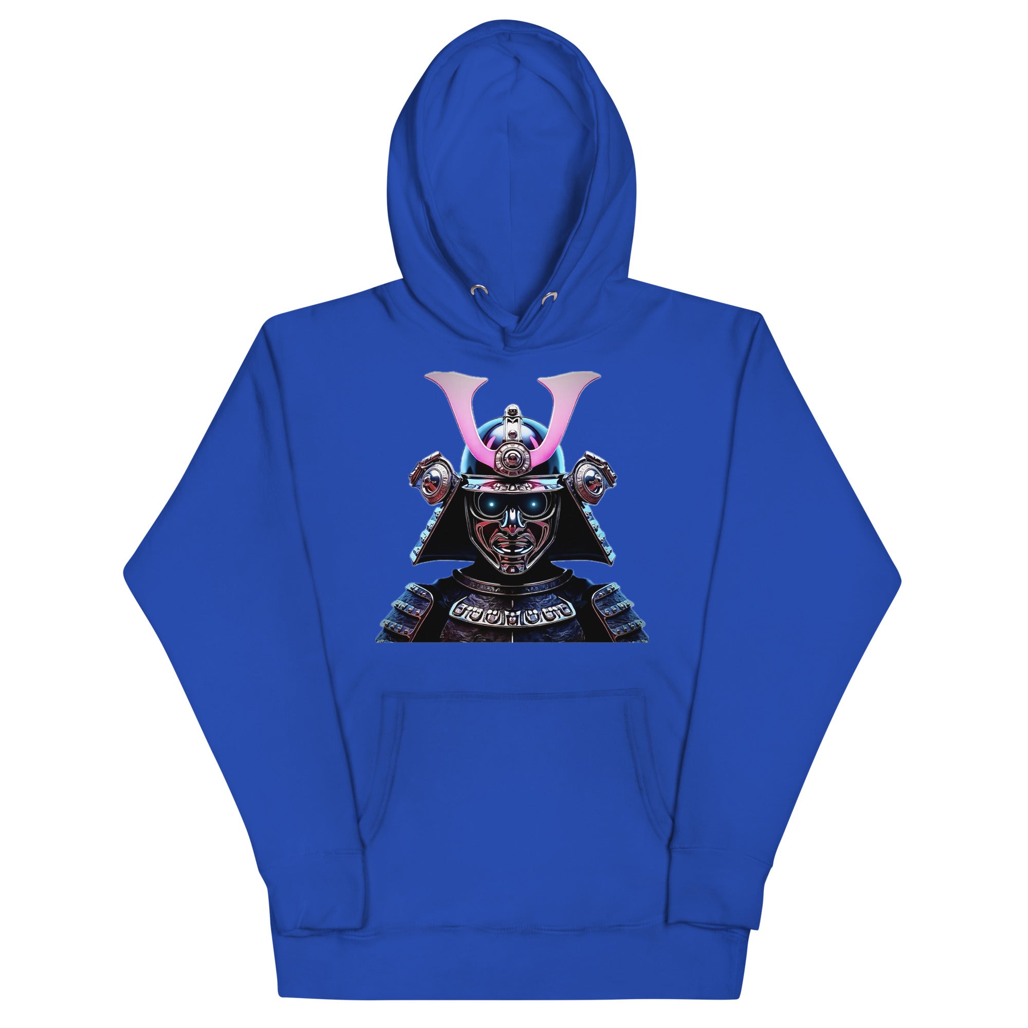 Royal blue Chrome Cyber Samurai Hoodie with glowing neon katana and chrome samurai helmet design.