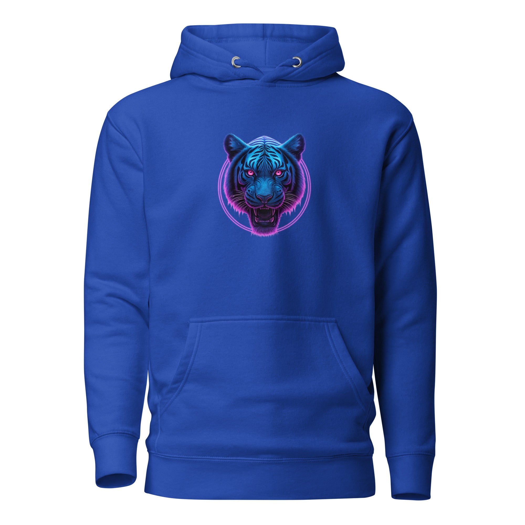 Royal blue Neon Panther Strike Hoodie with radiant neon panther head graphic.